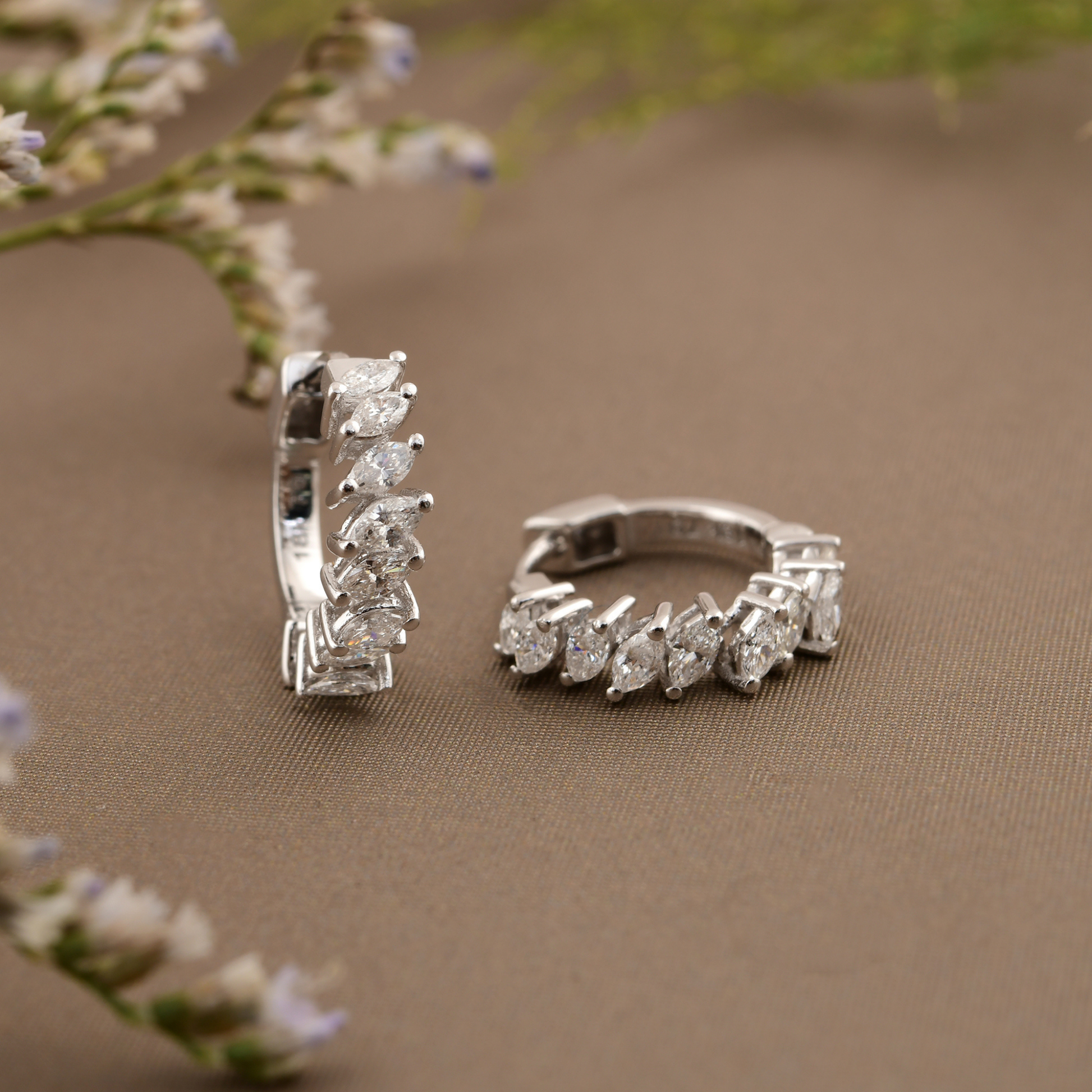 Dainty Fine Gold Marquise Cut Prong Set SI/HI Diamond Huggies Hoop Earrings