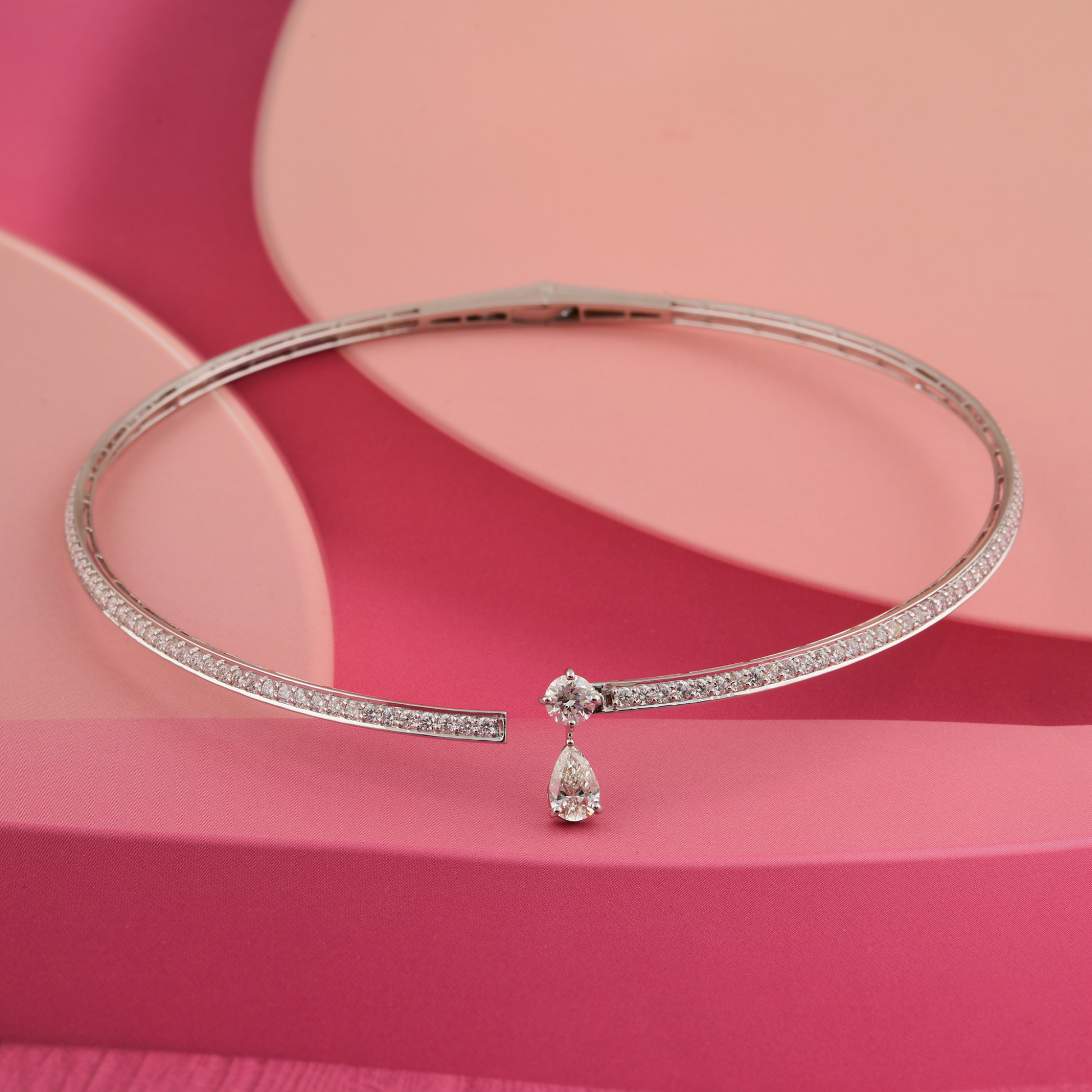 Round & Pear Drop Accent Gold Open Collar Choker Necklace 4.49 Carat