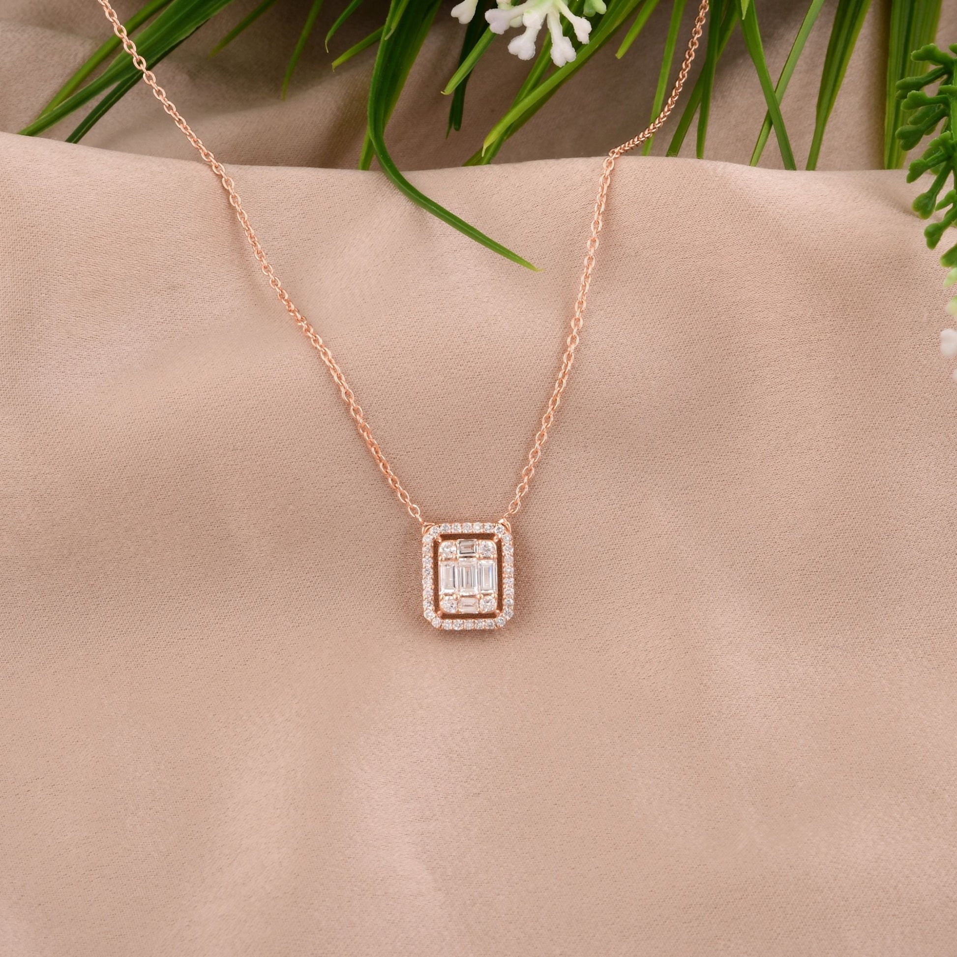 Minimalist Baguette and Round Diamond Halo Gold Pendant Necklace