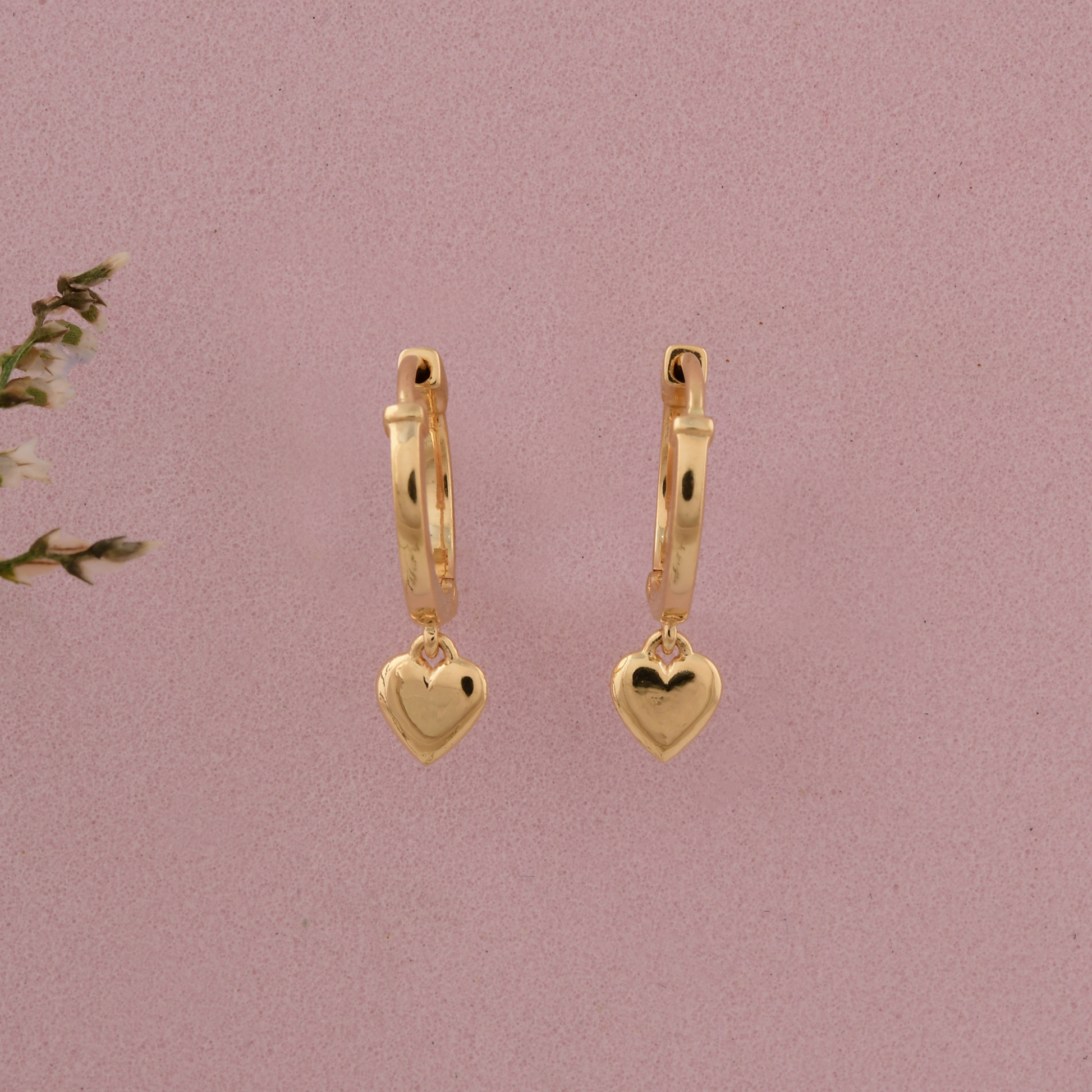 Minimalist Heart Shape Charm Solid Gold Drop Huggies Earrings