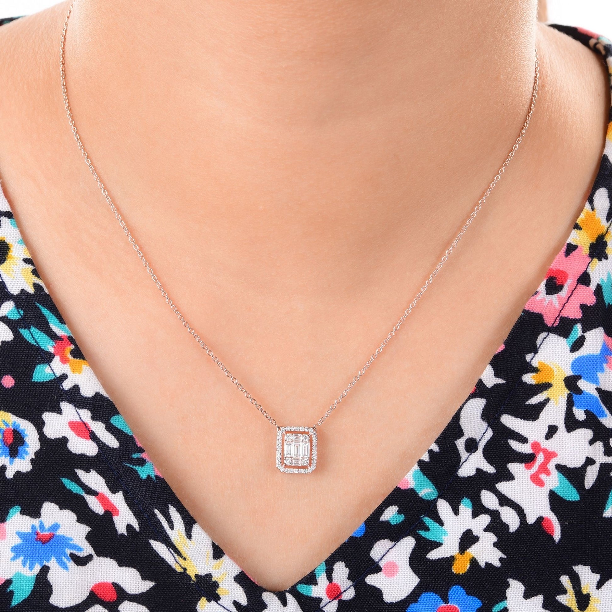 Minimalist Baguette and Round Diamond Halo Gold Pendant Necklace