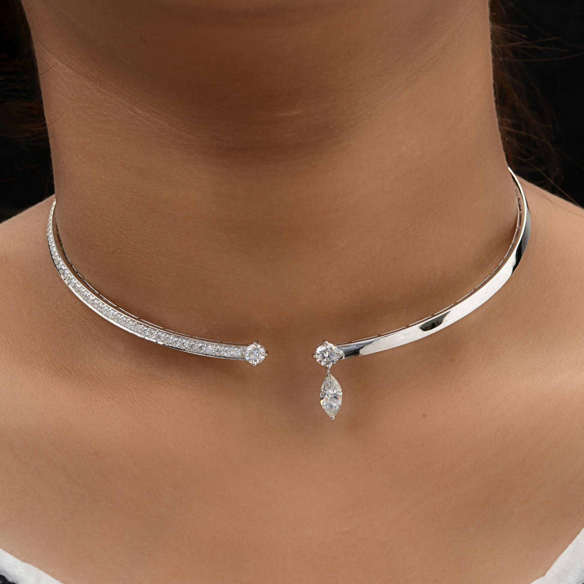 Natural SI/HI Marquise Round Diamond Open Cuff Gold Choker Necklace