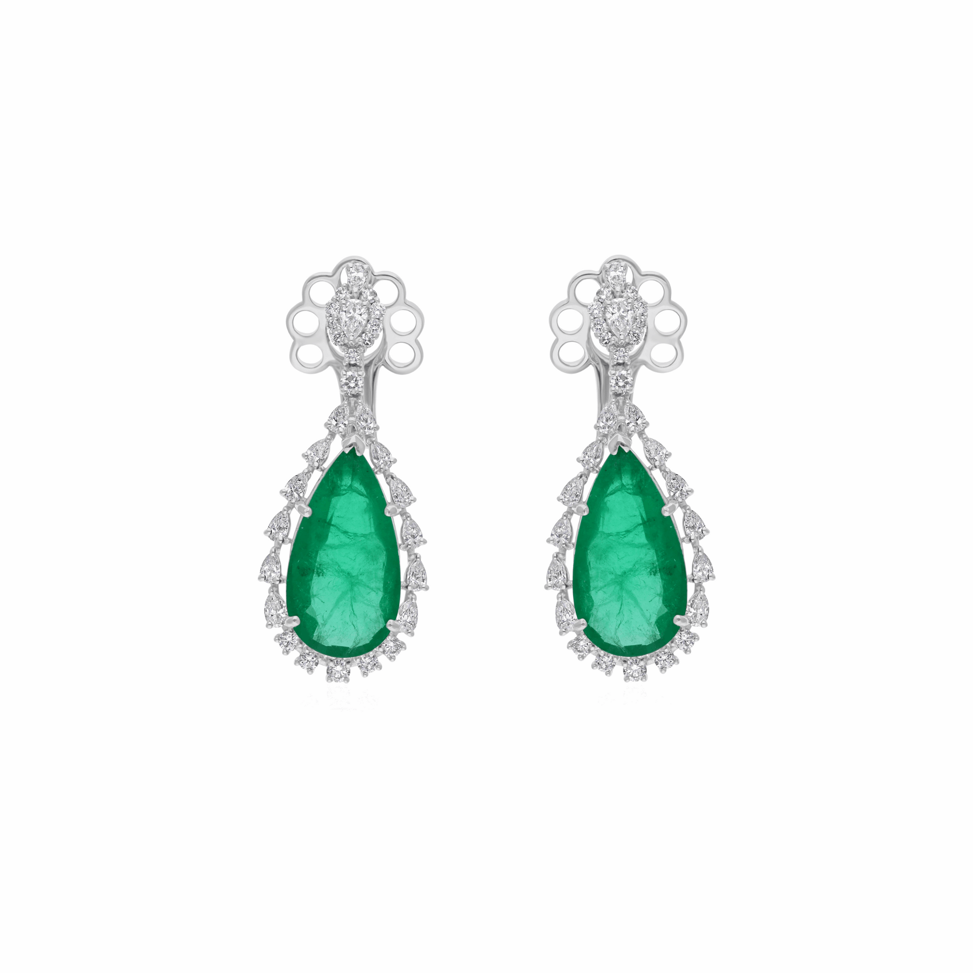 18K Gold Pear Shape Emerald and Diamond Drop Earrings