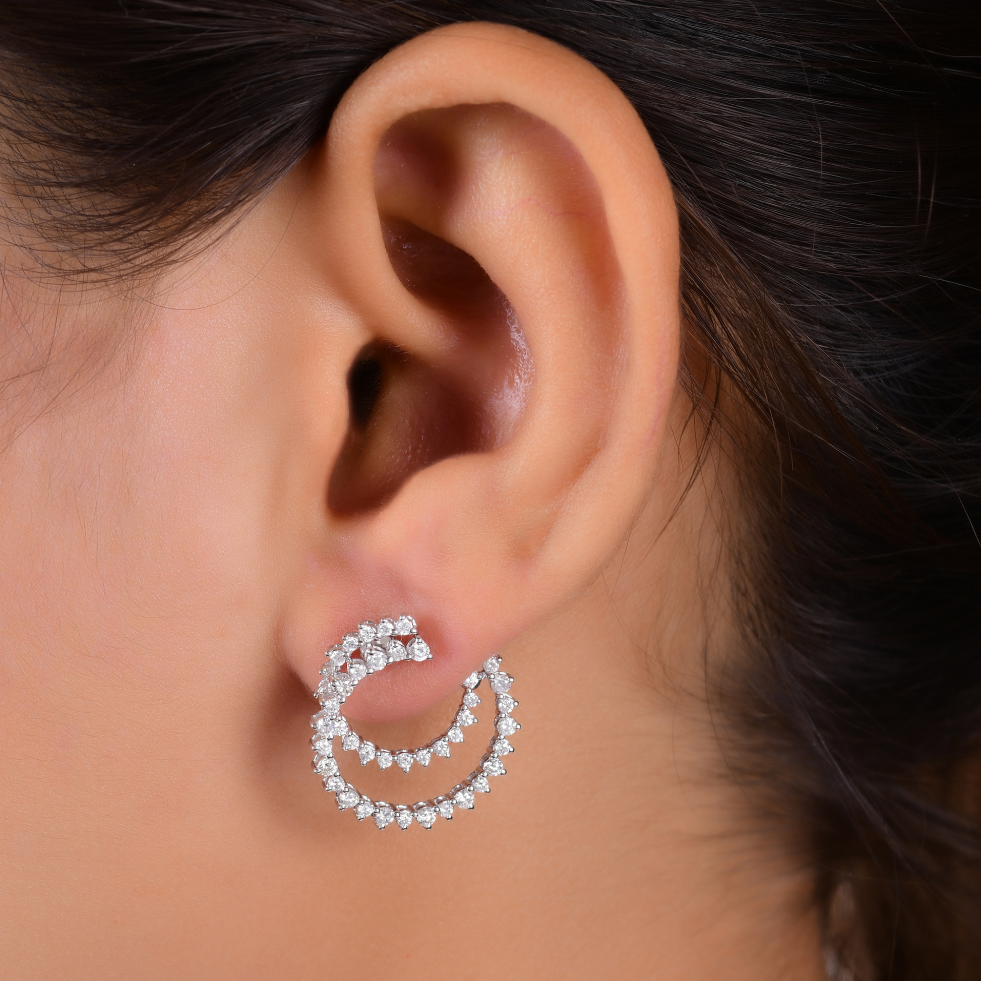 Natural 1.06 Carat Round Diamond Double Layered C-Hoop Push Back Gold Earrings