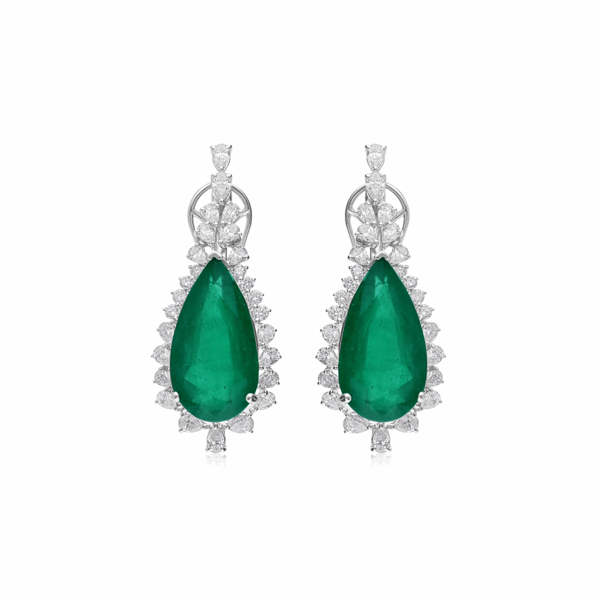 18K Gold Earrings with Emerald Center & Diamond Surround 21.52 Tcw