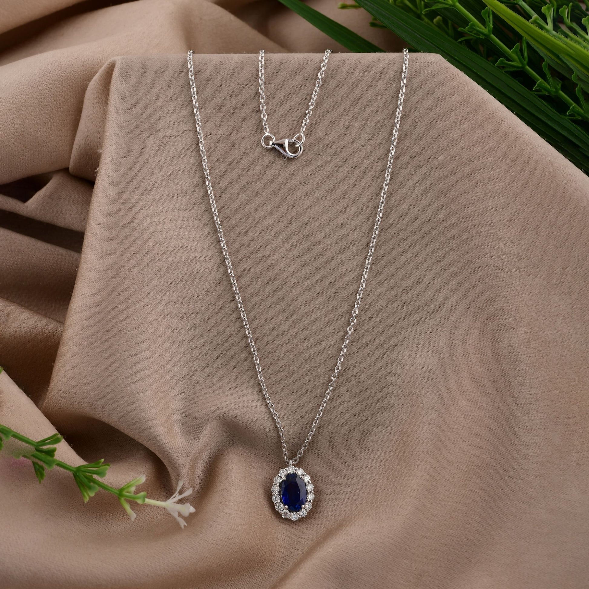 1.99 Tcw Blue Sapphire Real Diamond Gold Halo Pendant Necklace