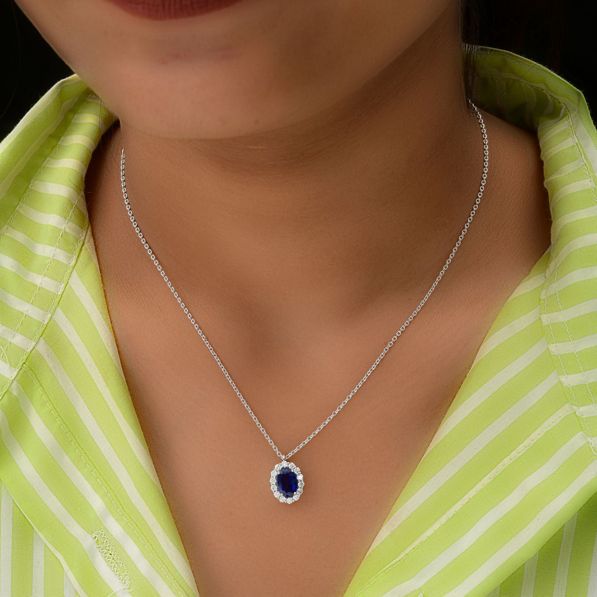 1.99 Tcw Blue Sapphire Real Diamond Gold Halo Pendant Necklace