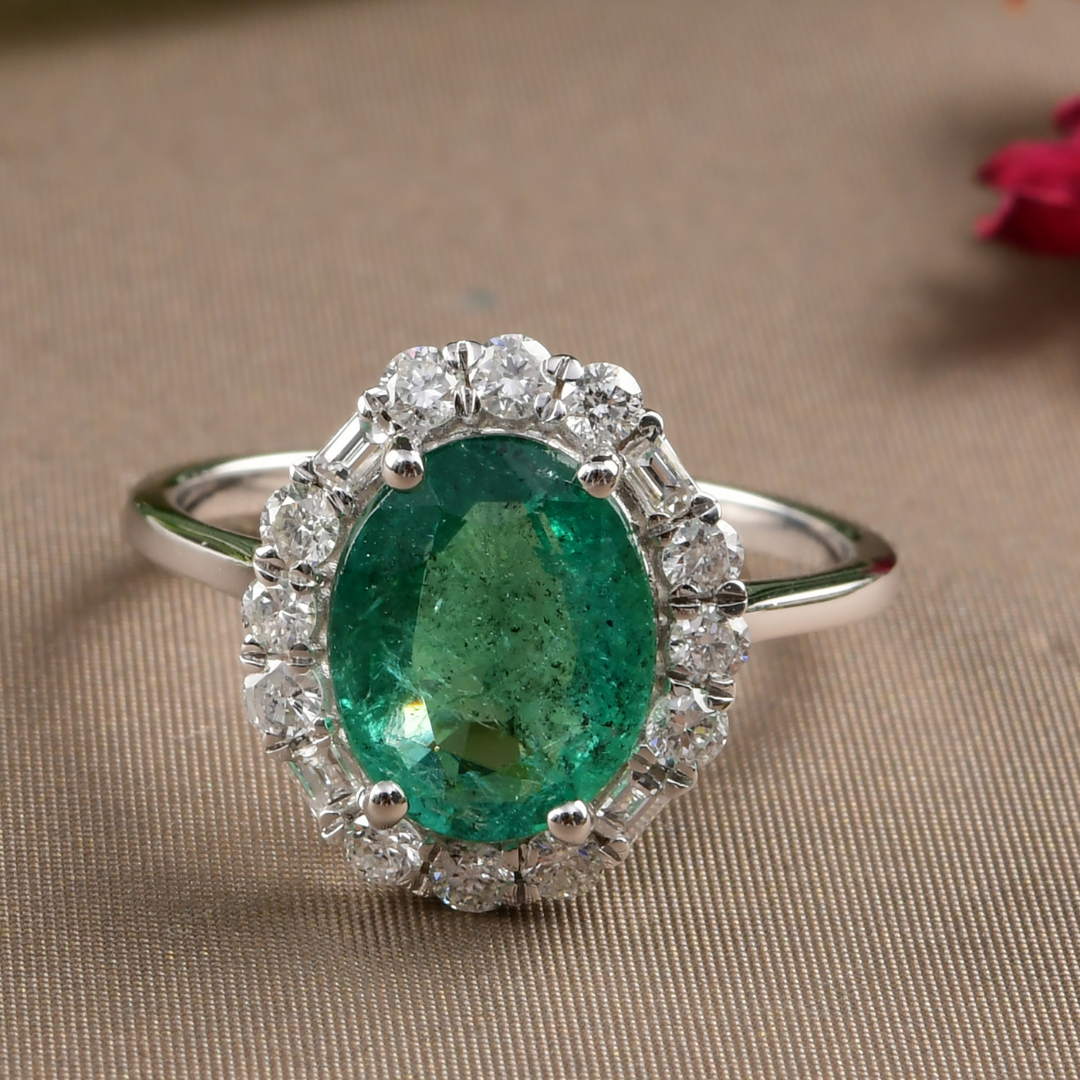 3.02Tcw Oval Shaped Zambian Emerald Natural SI/H Diamond Gold Halo Ring