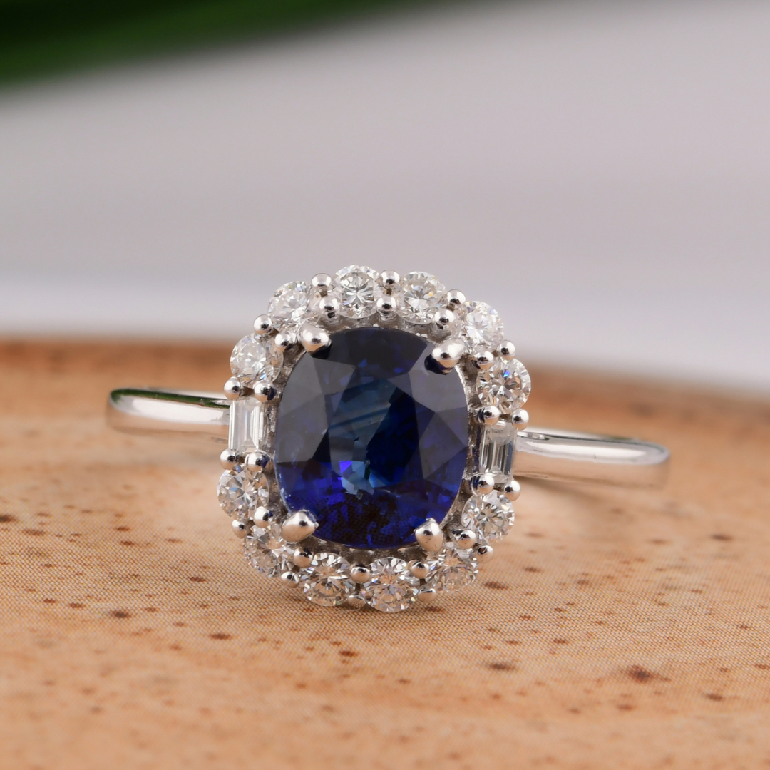 2.00Ct. Fine Gold Oval Cut Blue Sapphire Natural Halo Diamond Engagement Ring