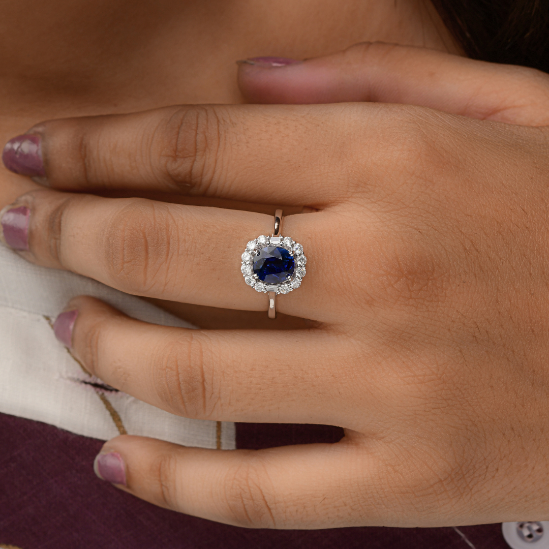 2.00Ct. Fine Gold Oval Cut Blue Sapphire Natural Halo Diamond Engagement Ring