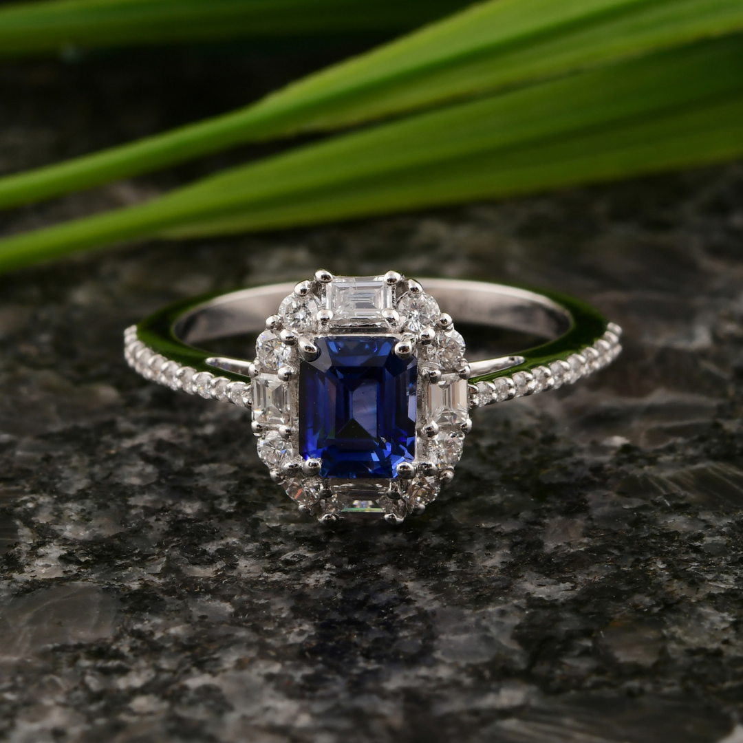 Solid Gold 1.00Ct. Blue Sapphire Natural Baguette & Round Halo Diamond Proposal Ring
