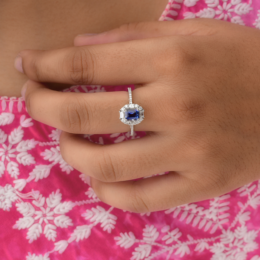 Solid Gold 1.00Ct. Blue Sapphire Natural Baguette & Round Halo Diamond Proposal Ring