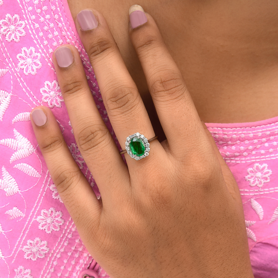 1.62Ct. Zambian Emerald SI Clarity HI Color Diamond Halo Anniversary Gold Ring