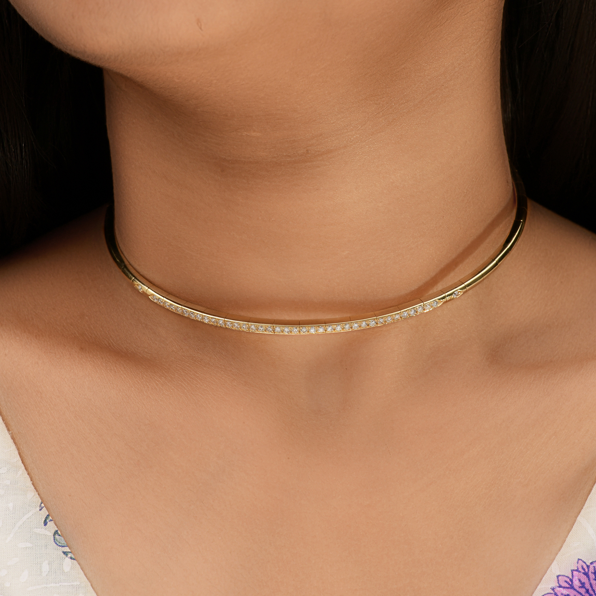 Gold 1.02Ct H Color SI Clarity Round Pave Diamond Choker Necklace
