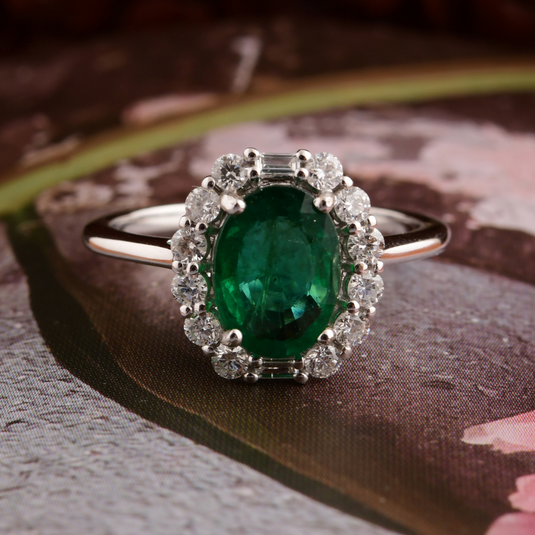 1.62Ct. Zambian Emerald SI Clarity HI Color Diamond Halo Anniversary Gold Ring