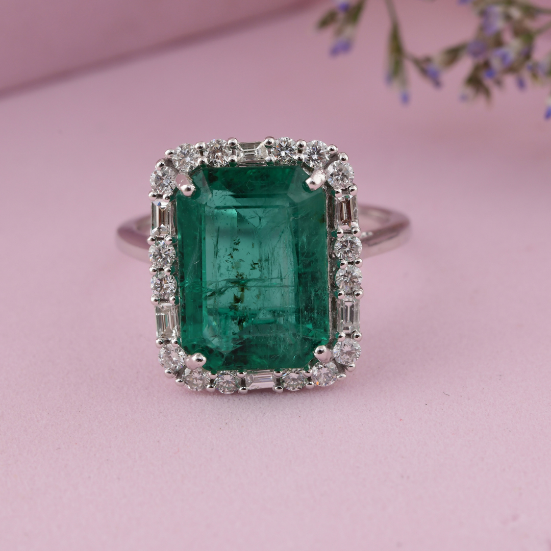 5.64 Tcw Octagon Cut Zambian Emerald Natural SI/HI Diamond Cocktail Halo Ring