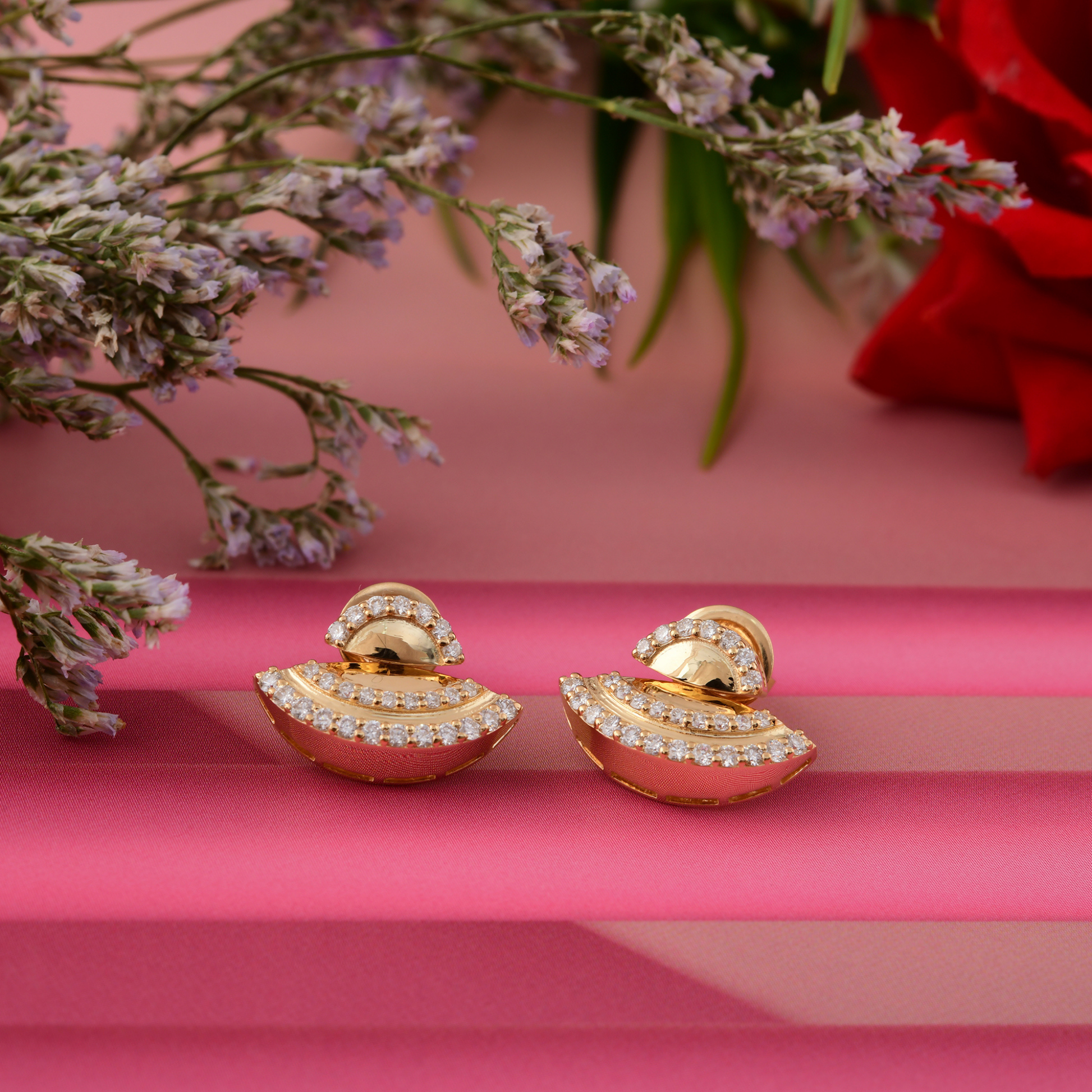 Modern Crescent Fine Solid Gold Natural Diamond Wedding Stud Earrings