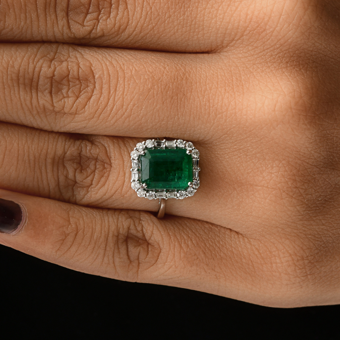 Gold 3.94Tcw Octagon Cut Zambian Emerald H/SI Round Diamond Wedding Halo Ring