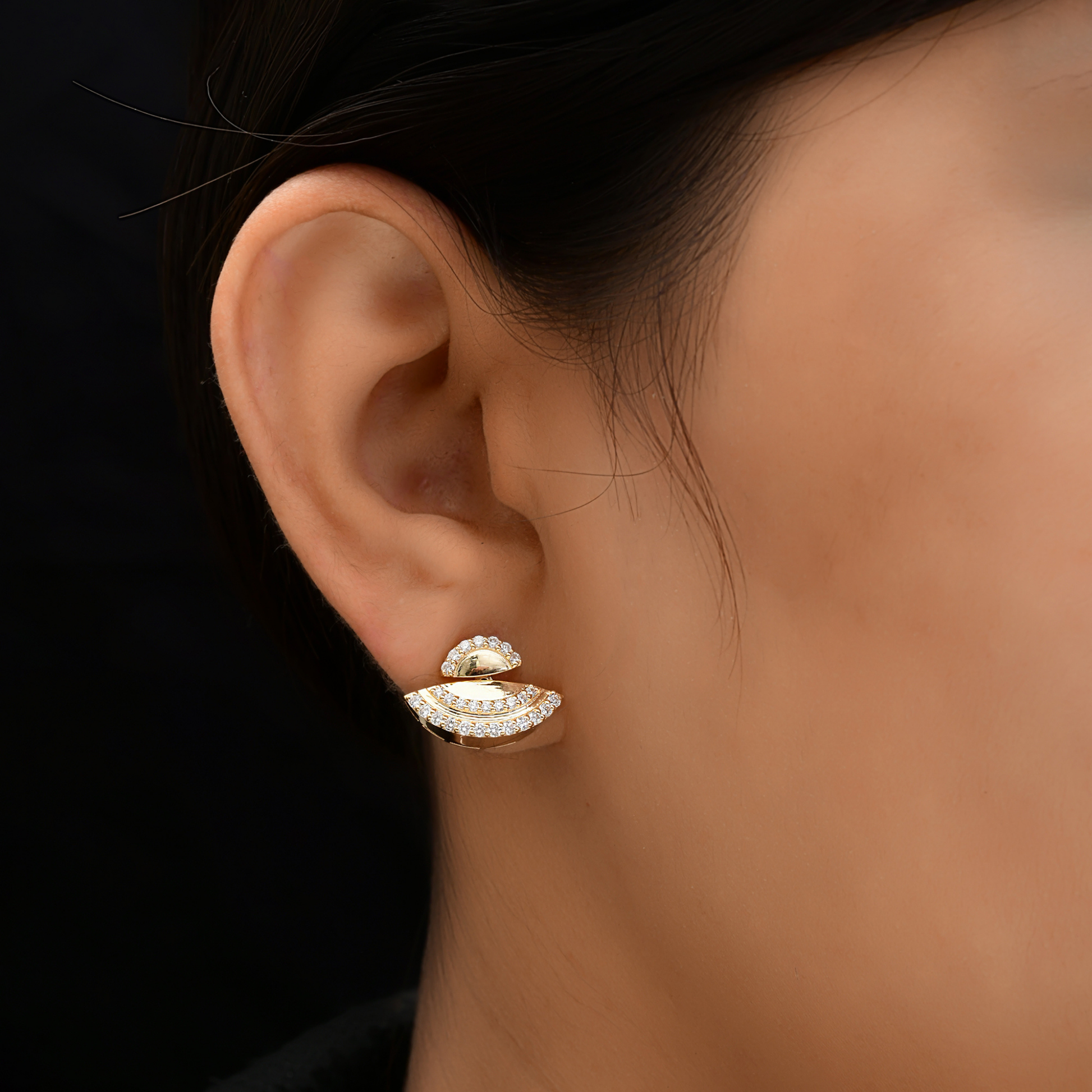 Modern Crescent Fine Solid Gold Natural Diamond Wedding Stud Earrings