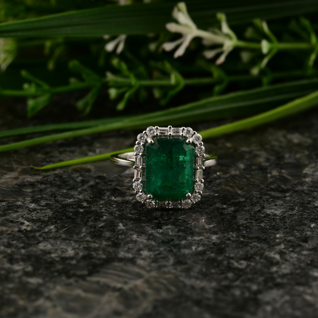 Gold 3.94Tcw Octagon Cut Zambian Emerald H/SI Round Diamond Wedding Halo Ring