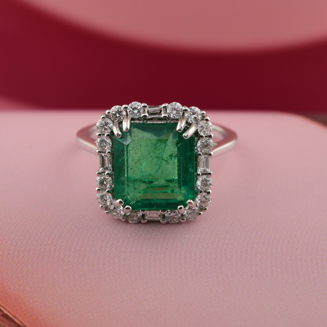 Real Gold 4.92Tcw Zambian Emerald Natural Diamond Promise Wedding Halo Ring