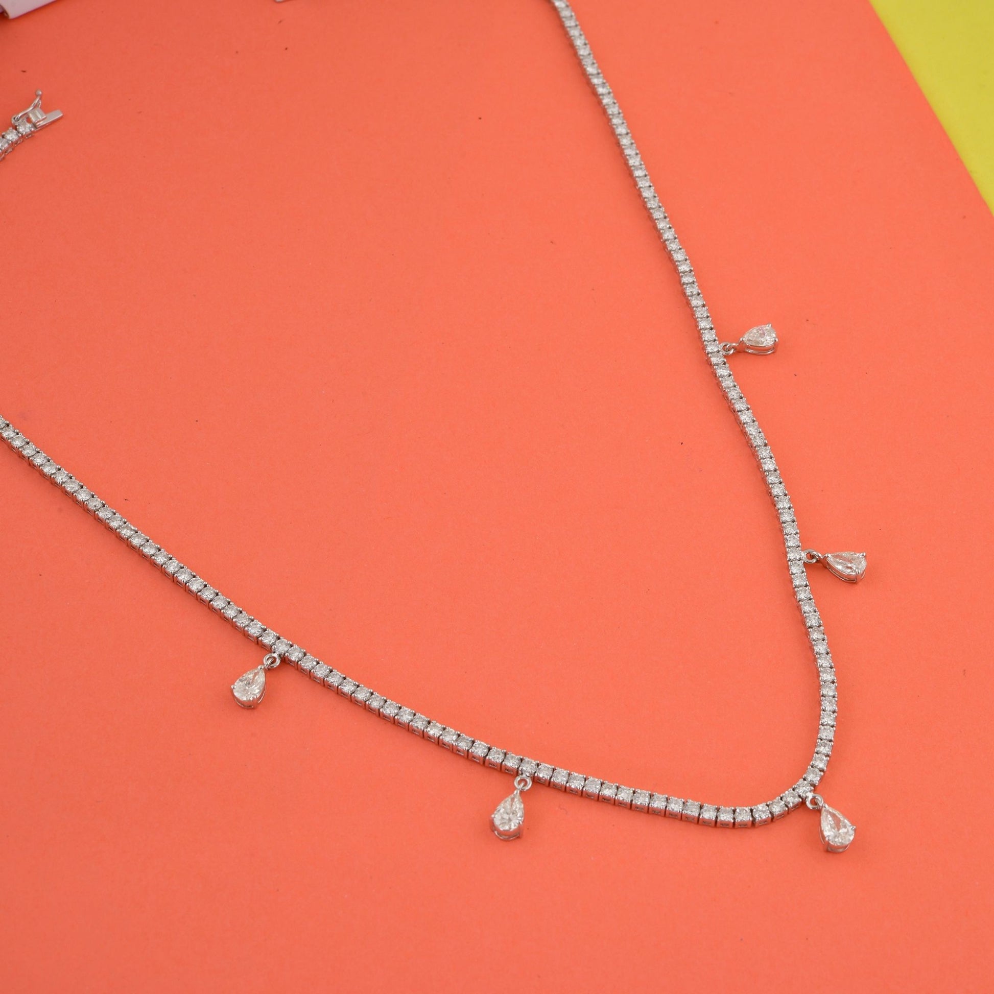 Natural H/SI Pear Round 7.86 Carat Diamond Tennis Necklace in Solid Gold