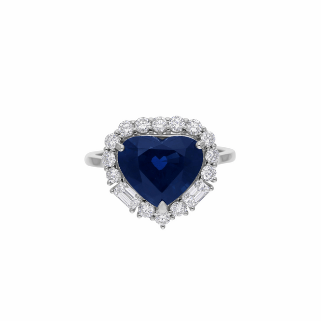 Heart Shape Natural Blue Sapphire Diamond Halo Ring