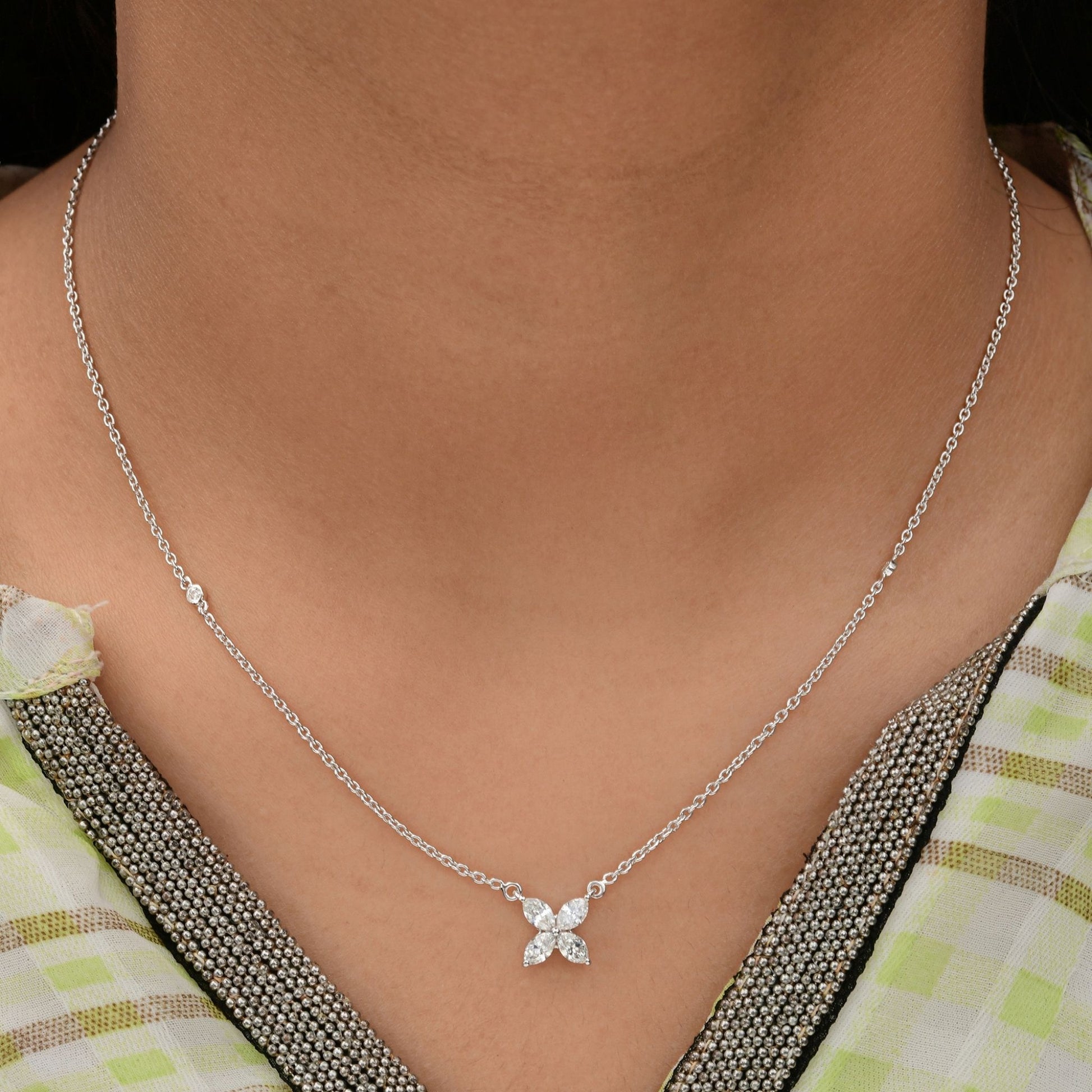 Sleek Dainty Flower Pear Cut Fine Gold Natural Diamond Chain Necklace