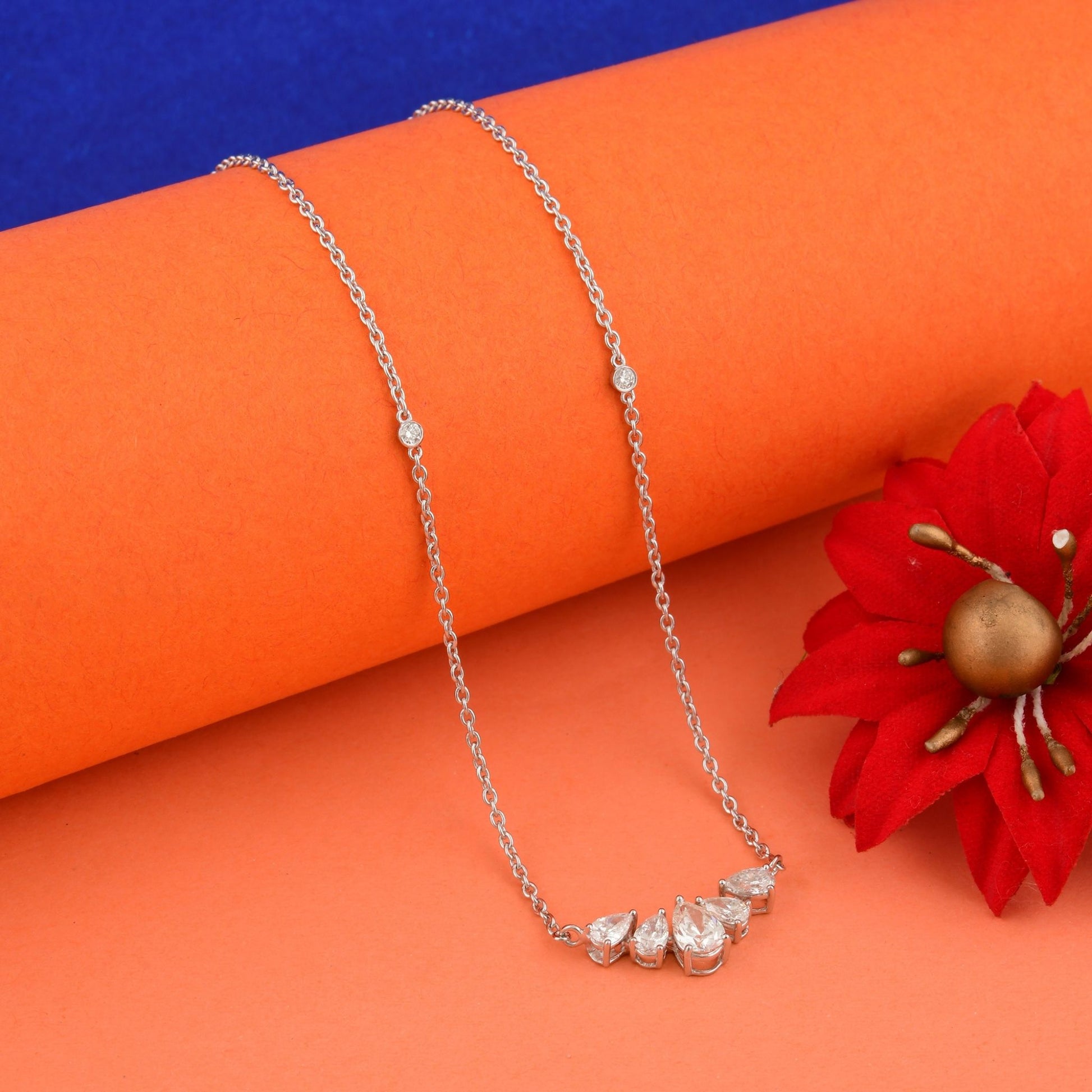 Delicate Sparkle 1.27 Carat Solid Gold Pear Shape Bar Diamond Lobster Necklace