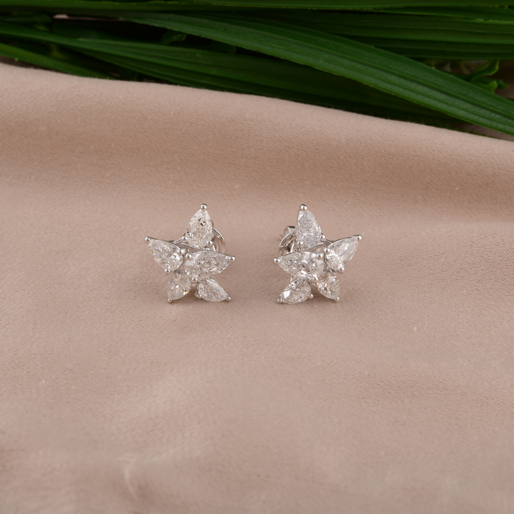 Delicate 3.21Ct Pear Cut Natural Diamond Floral Push Back Stud Earrings