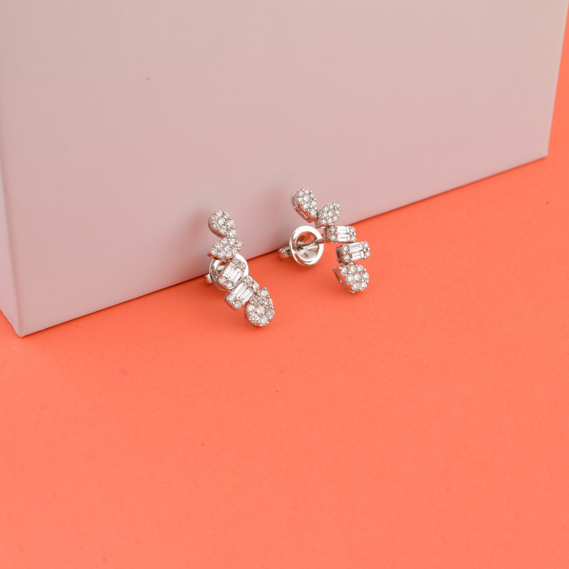 Fine Gold Mixed Cut 0.98Ct. Natural Diamond Climber Stud Earrings