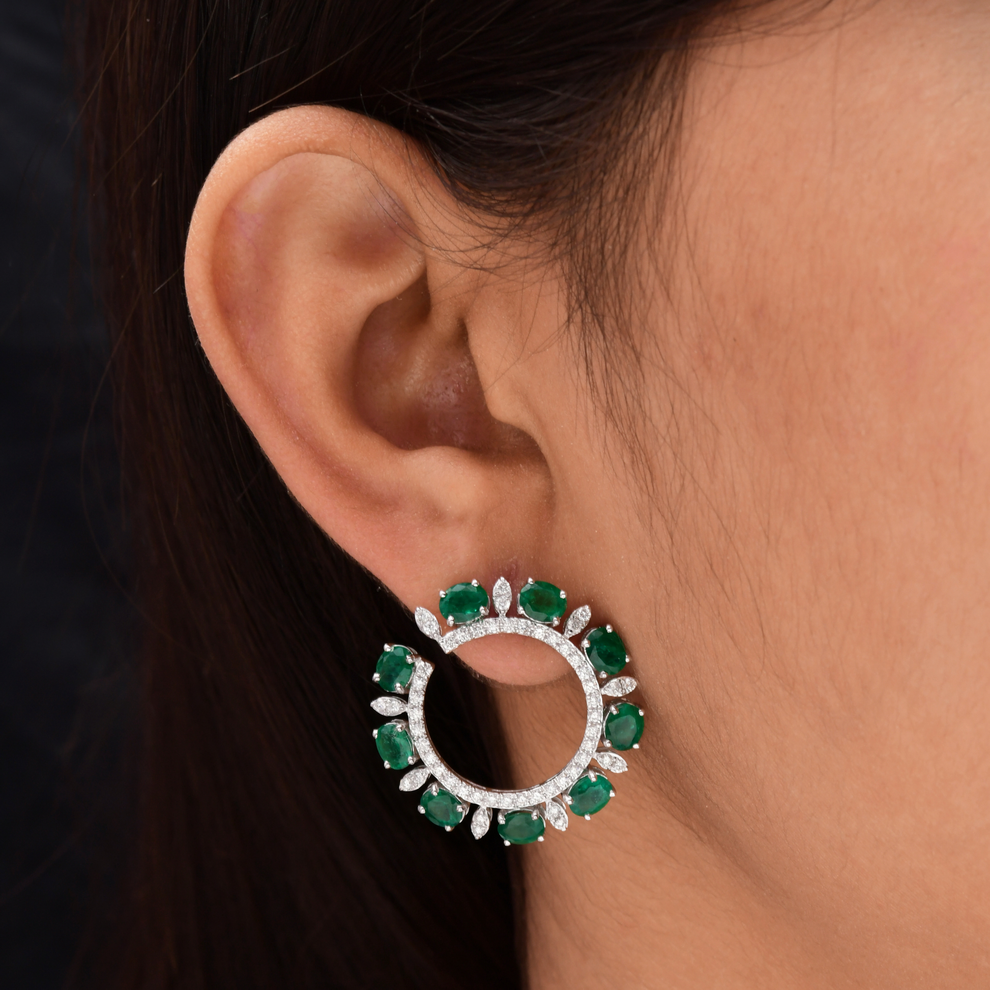 Floral Inspired Zambian Emerald Gemstone & Diamond Studded Hoop Gold Earrings