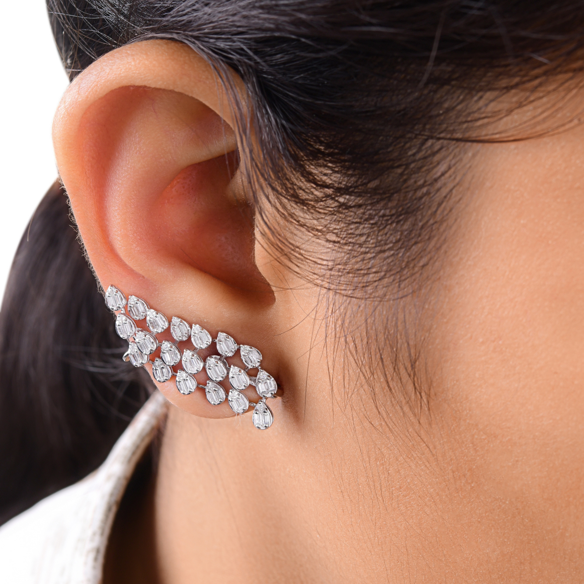 1.33 Carat Natural H/SI Baguettes Diamond Gold Climber Cluster Earrings