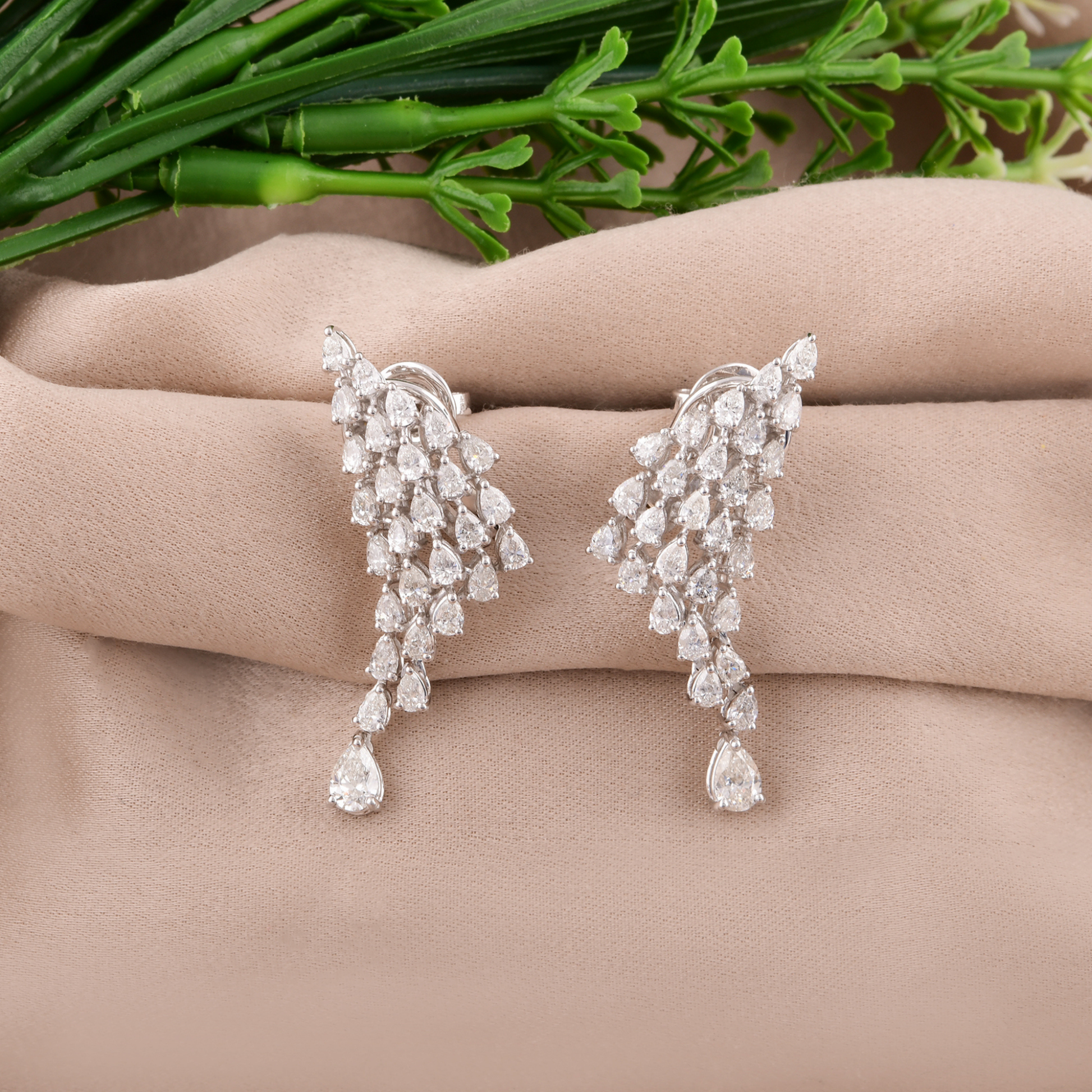 Statement Pear Cut 3.16Ct Natural Teardrop Diamond Chandelier Drop Cluster Earrings