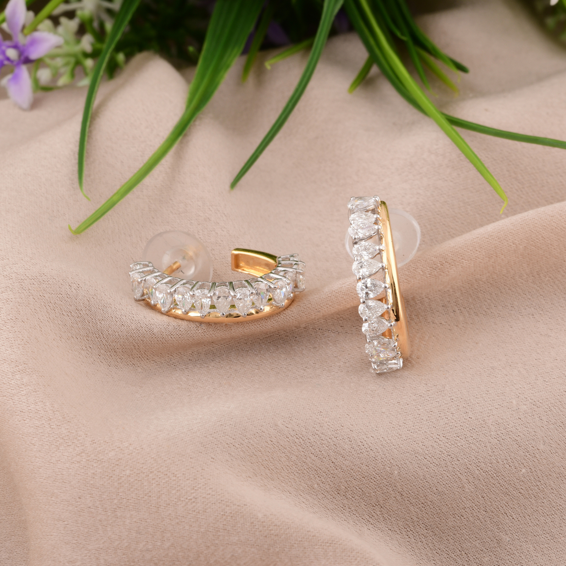 Genuine Fine Gold 2.01 Ct SI/H Natural Pear Diamond Huggie Hoop Earrings