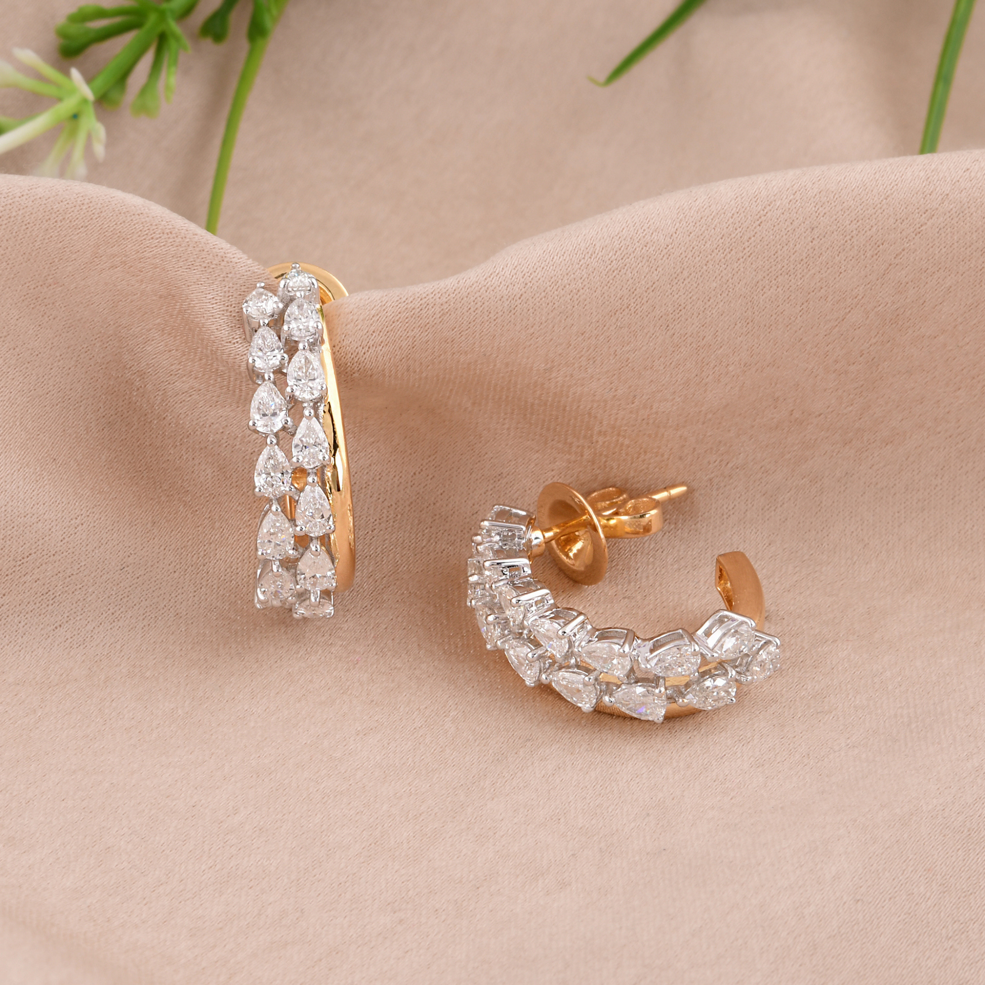 2.15 Ct SI/H Pear Cut Diamond Double Row Huggie Gold Hoop Earrings