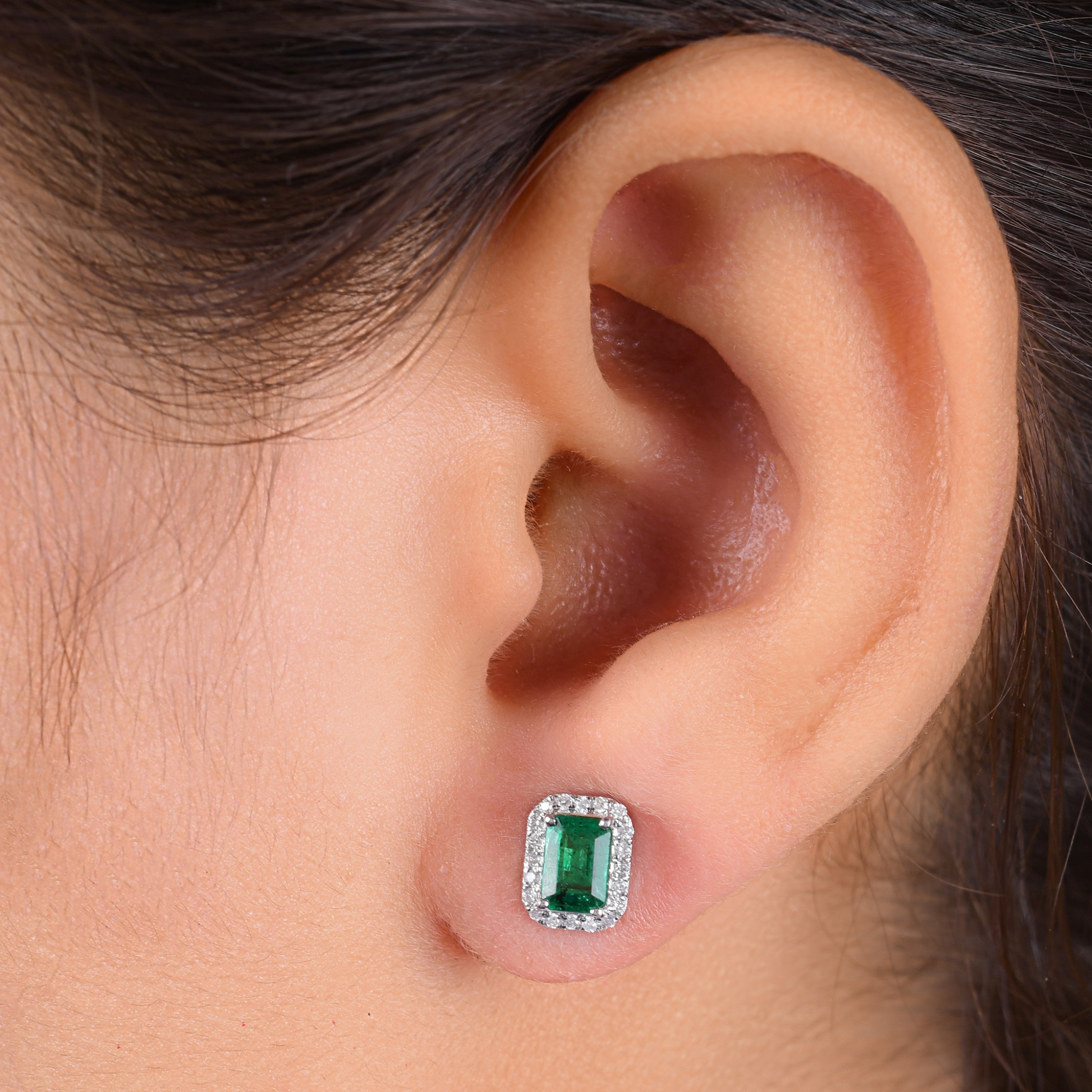 Emerald Cut Zambian Emerald & Diamond Halo Stud Earrings in Fine Gold