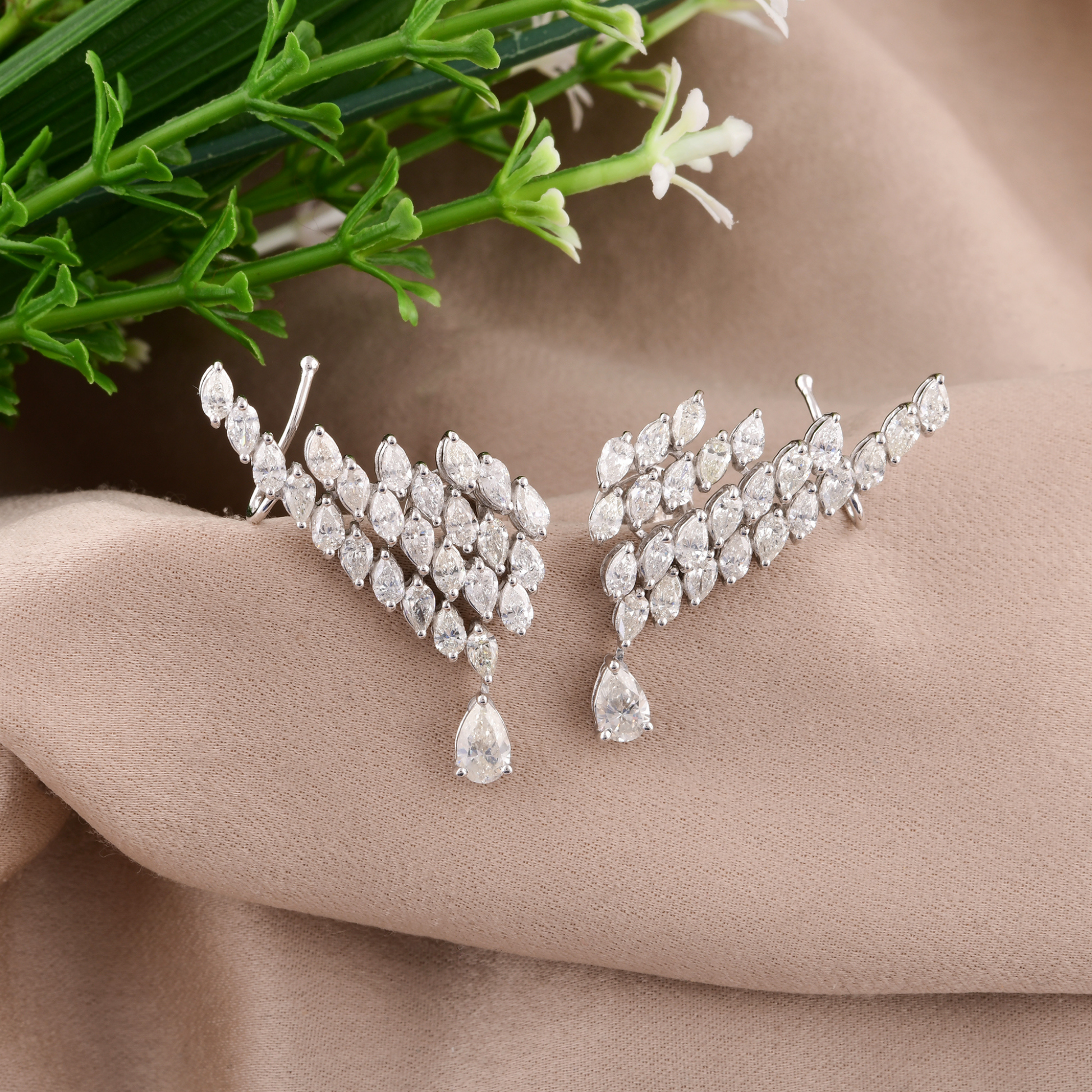 Fine 3.36Ct Marquise Cut Natural Diamond Pear Drop Cluster Earrings