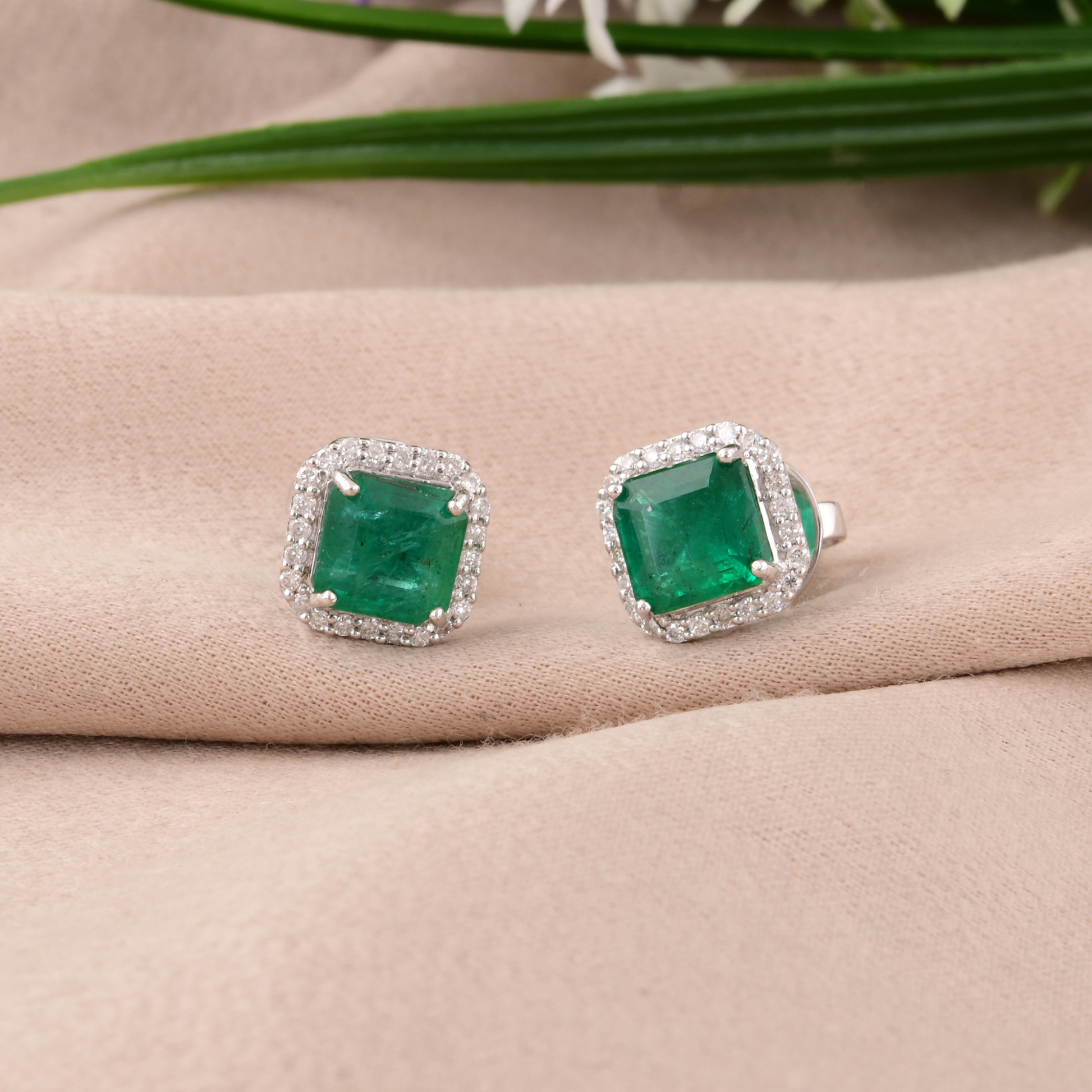 Zambian Emerald 2.13 Tcw Square Cut Natural Pave Diamond Stud Earrings