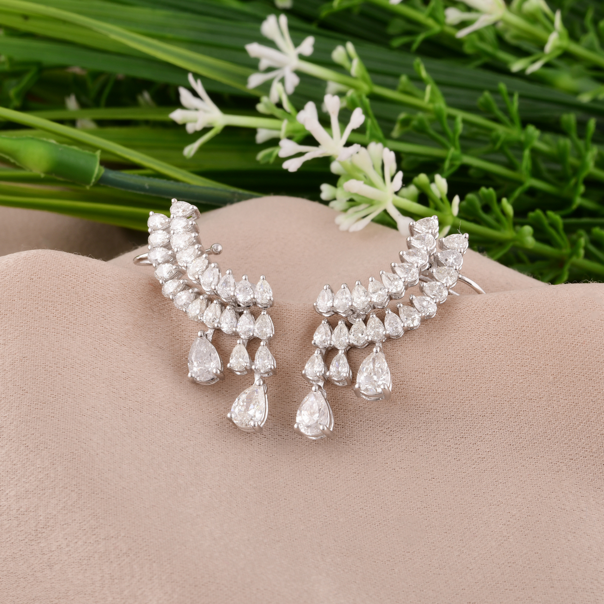 2.87Carat Pear Cut Natural Diamond Statement Climber Earrings in Fine Gold Jewelry