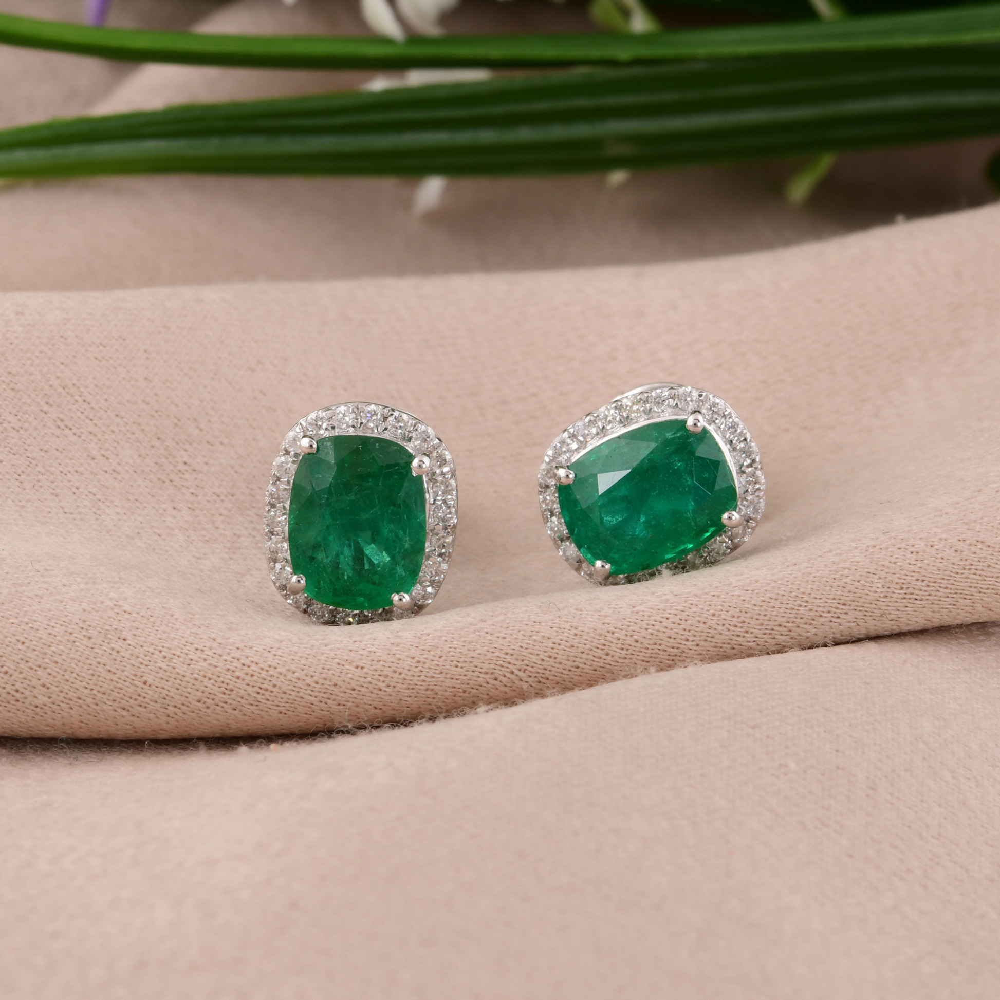 2.40 Tcw Natural H/SI Diamond Zambian Emerald Gold Stud Earrings