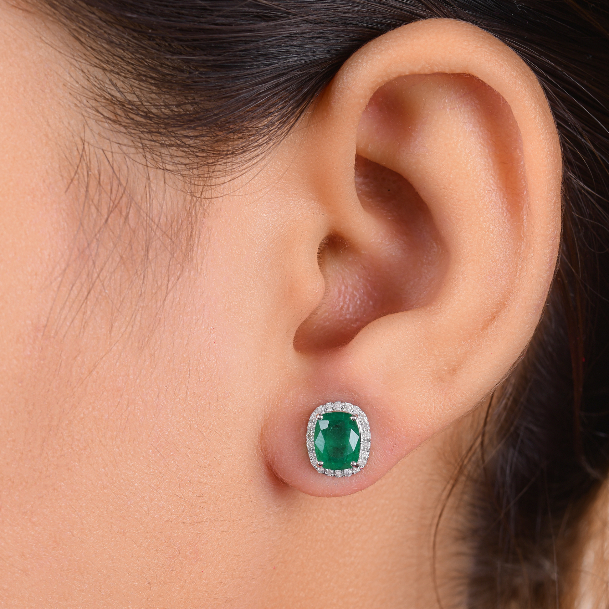 2.40 Tcw Natural H/SI Diamond Zambian Emerald Gold Stud Earrings