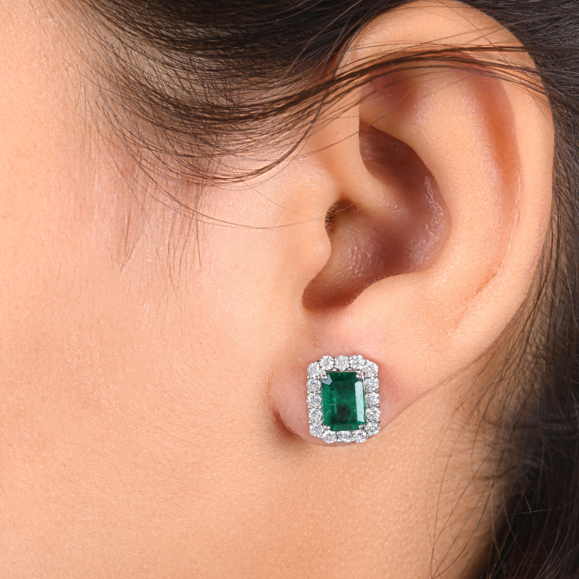Statement Zambian Emerald & H/SI Diamond Gold Halo Stud Earrings