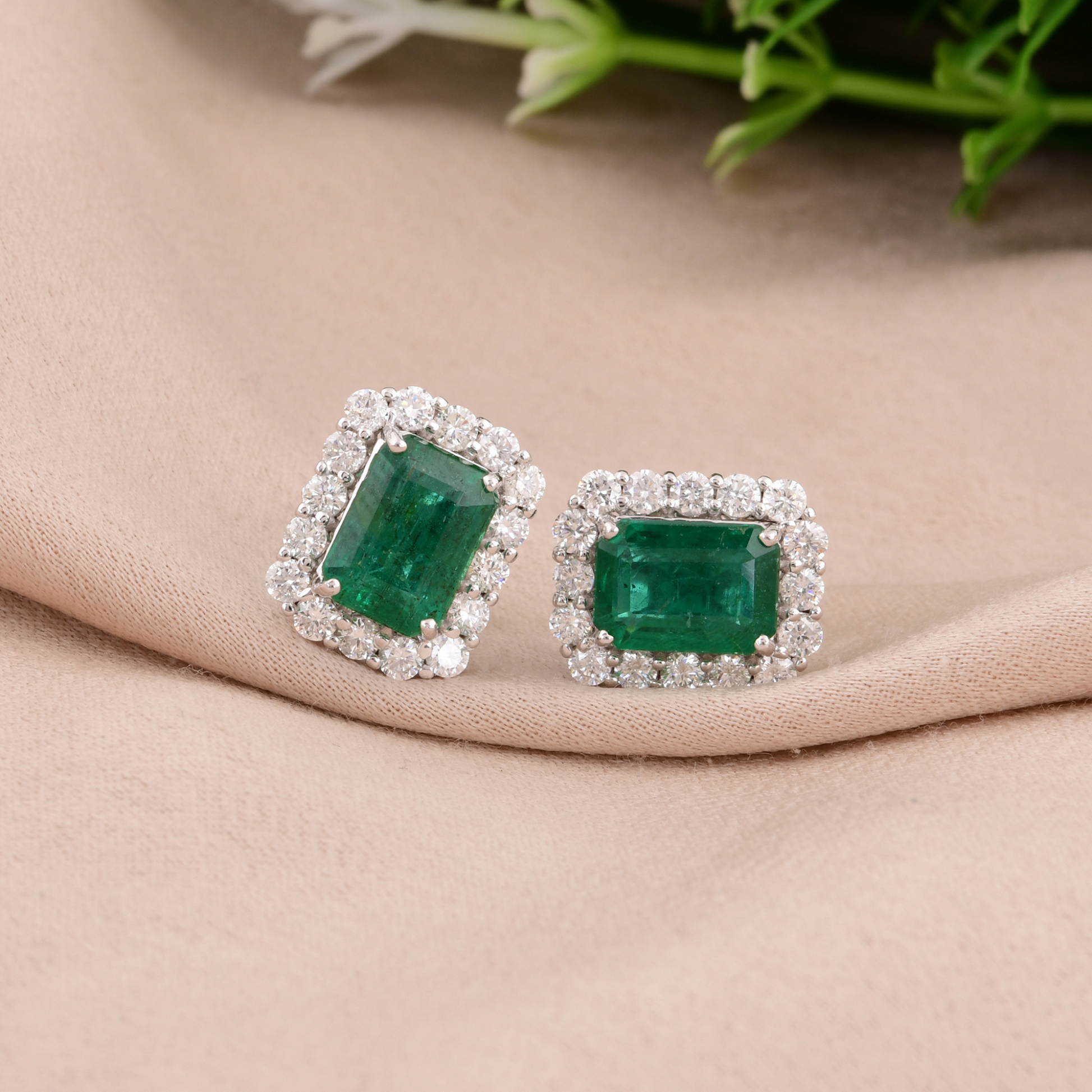 Statement Zambian Emerald & H/SI Diamond Gold Halo Stud Earrings