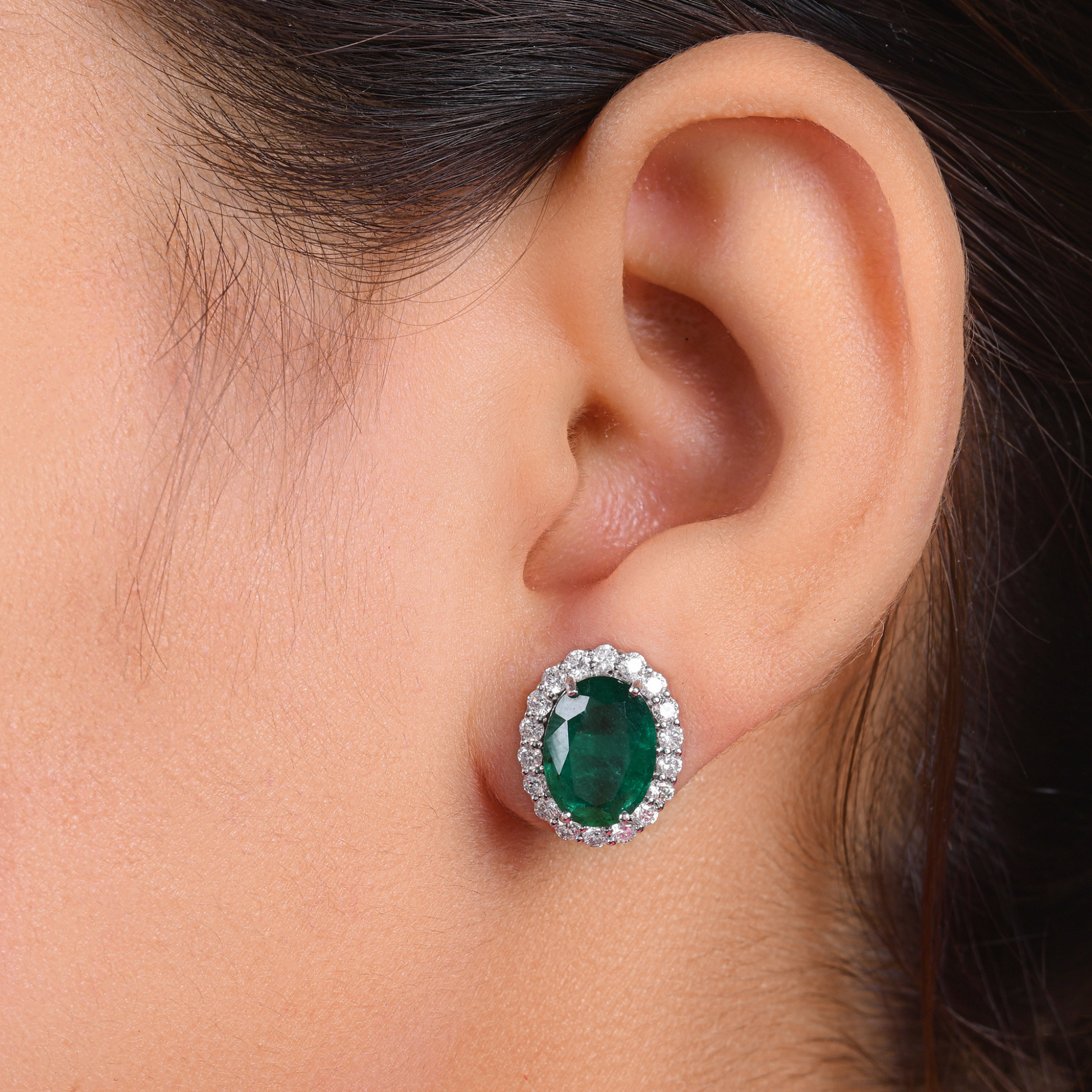 Art Deco Zambian Halo Emerald Diamond Oval Stud Earrings