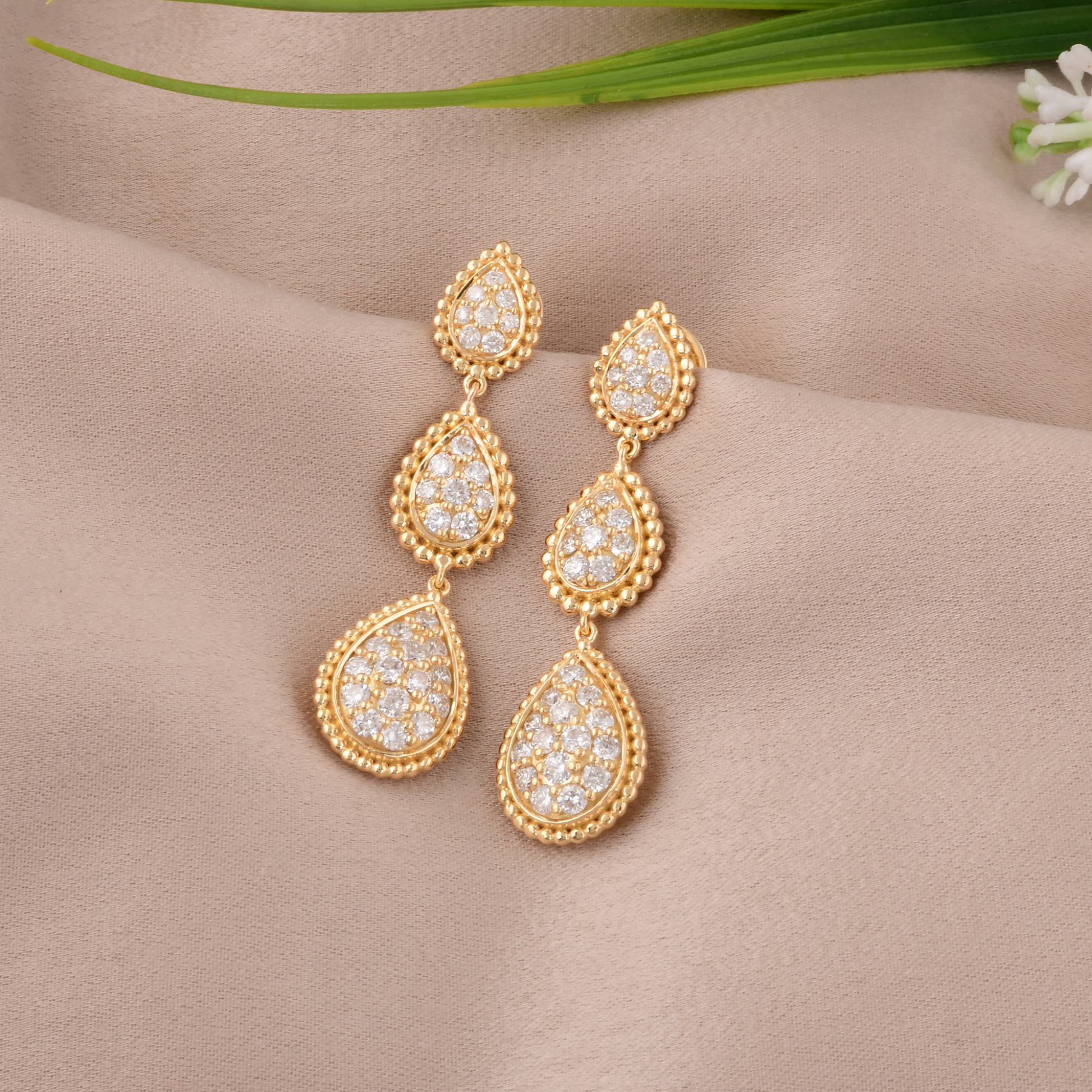 1.75 Carat Round Cut Pave Set Natural Diamond Charm Gold Dangle Earrings