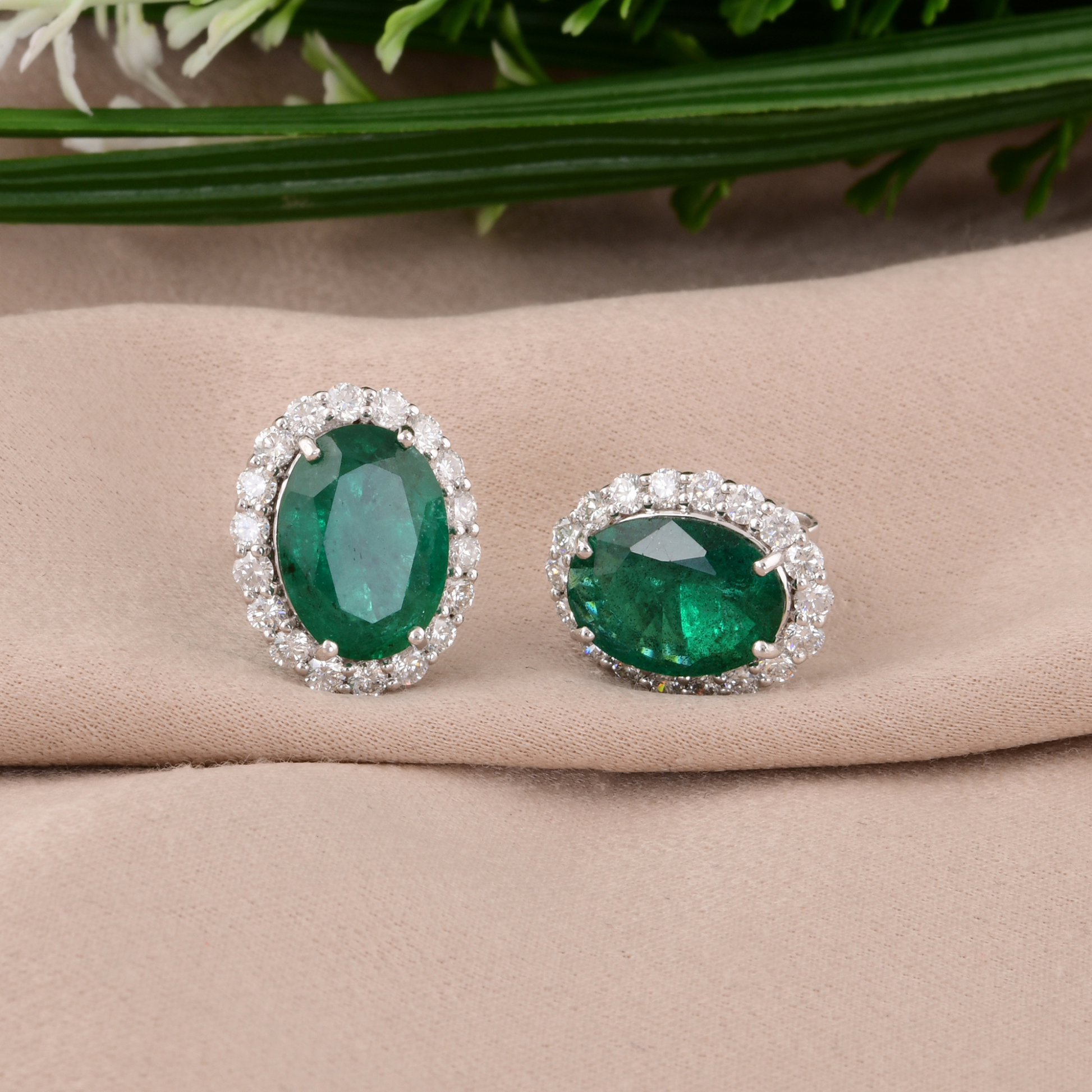 Art Deco Zambian Halo Emerald Diamond Oval Stud Earrings