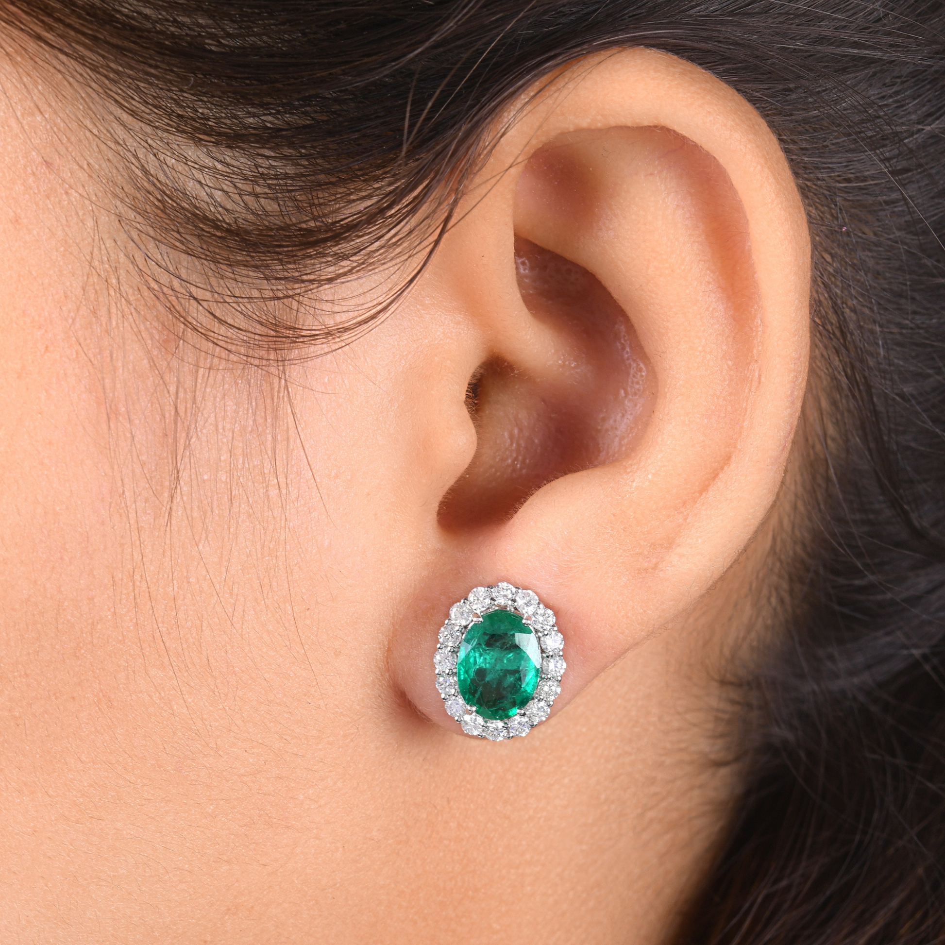 4.51 Tcw Zambian Emerald & Diamond Oval Cut Push Back Stud Earrings