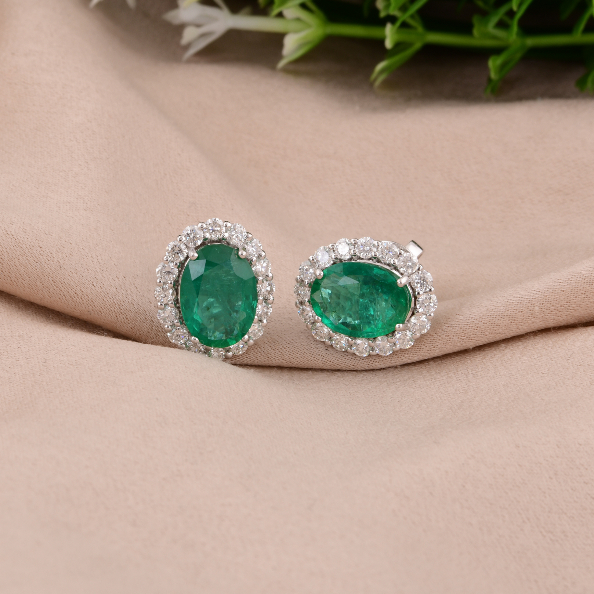 4.51 Tcw Zambian Emerald & Diamond Oval Cut Push Back Stud Earrings