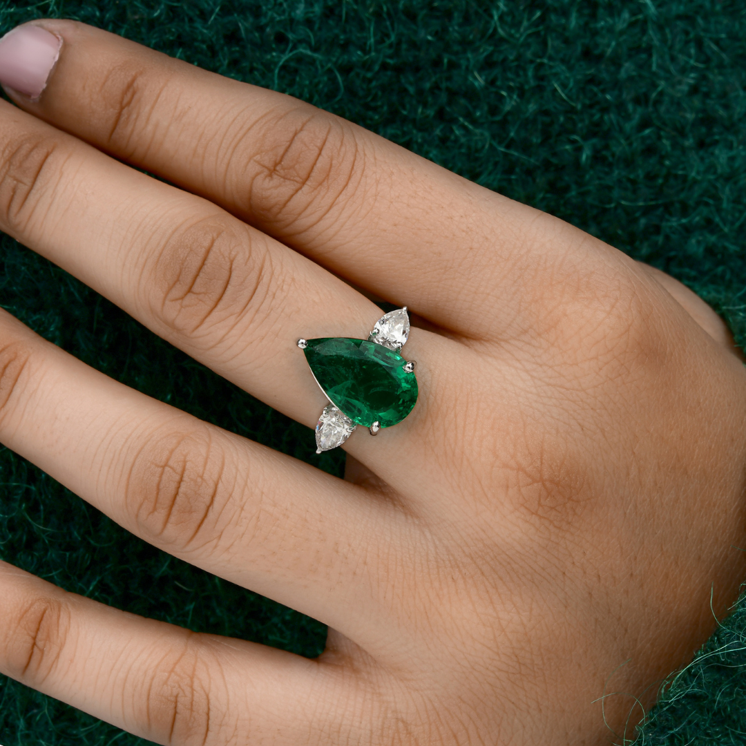 Three Stone Solid Gold Pear Cut 5.95Ct. Zambian Emerald Diamond Engagement Ring